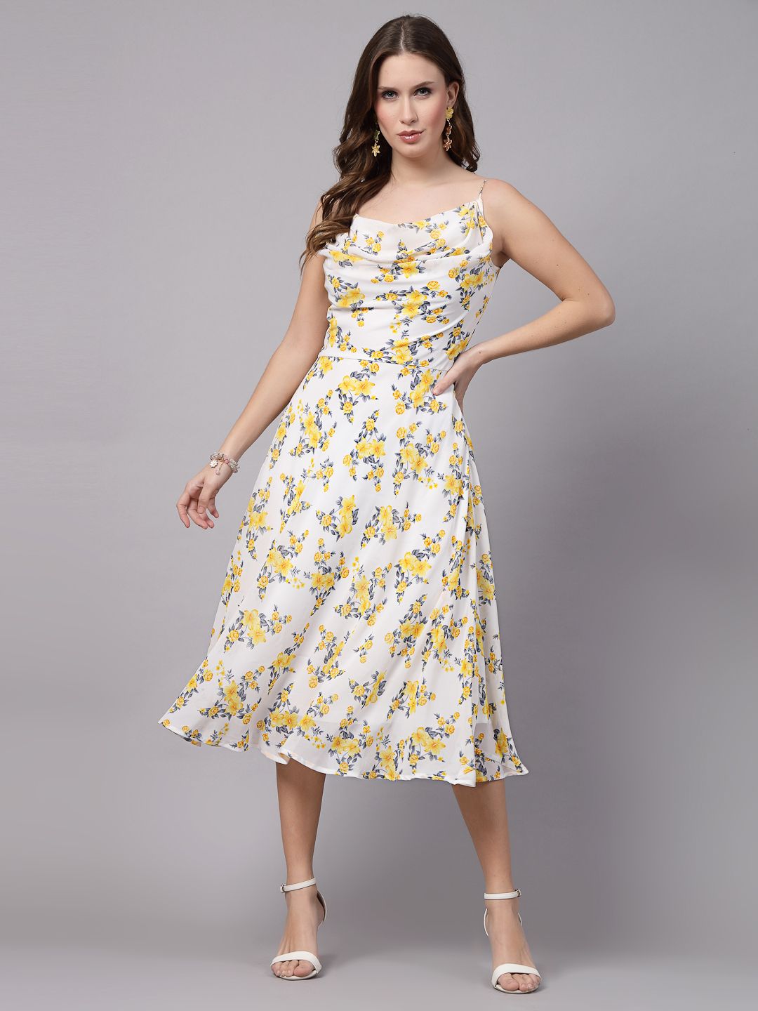 aayu Women Fit and Flare Yellow, White, Black Midi/Calf Length Dress-picture-6