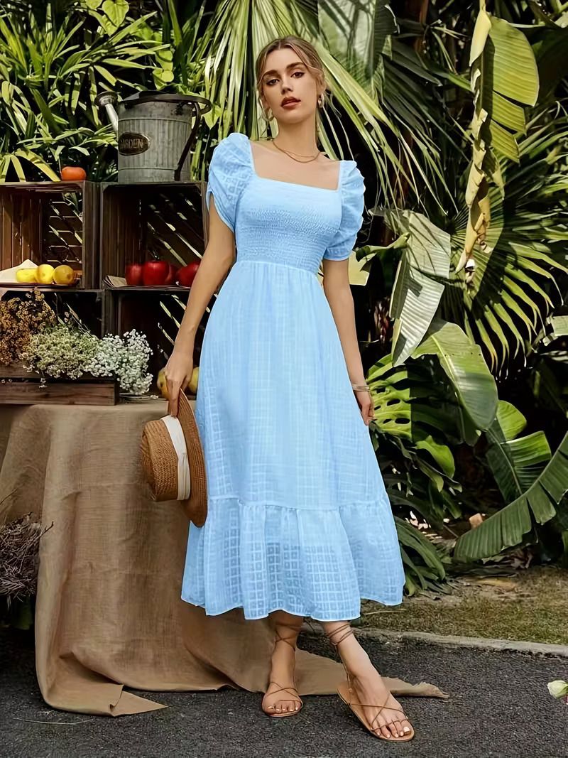 Women A-line Light Blue Midi/Calf Length Dress