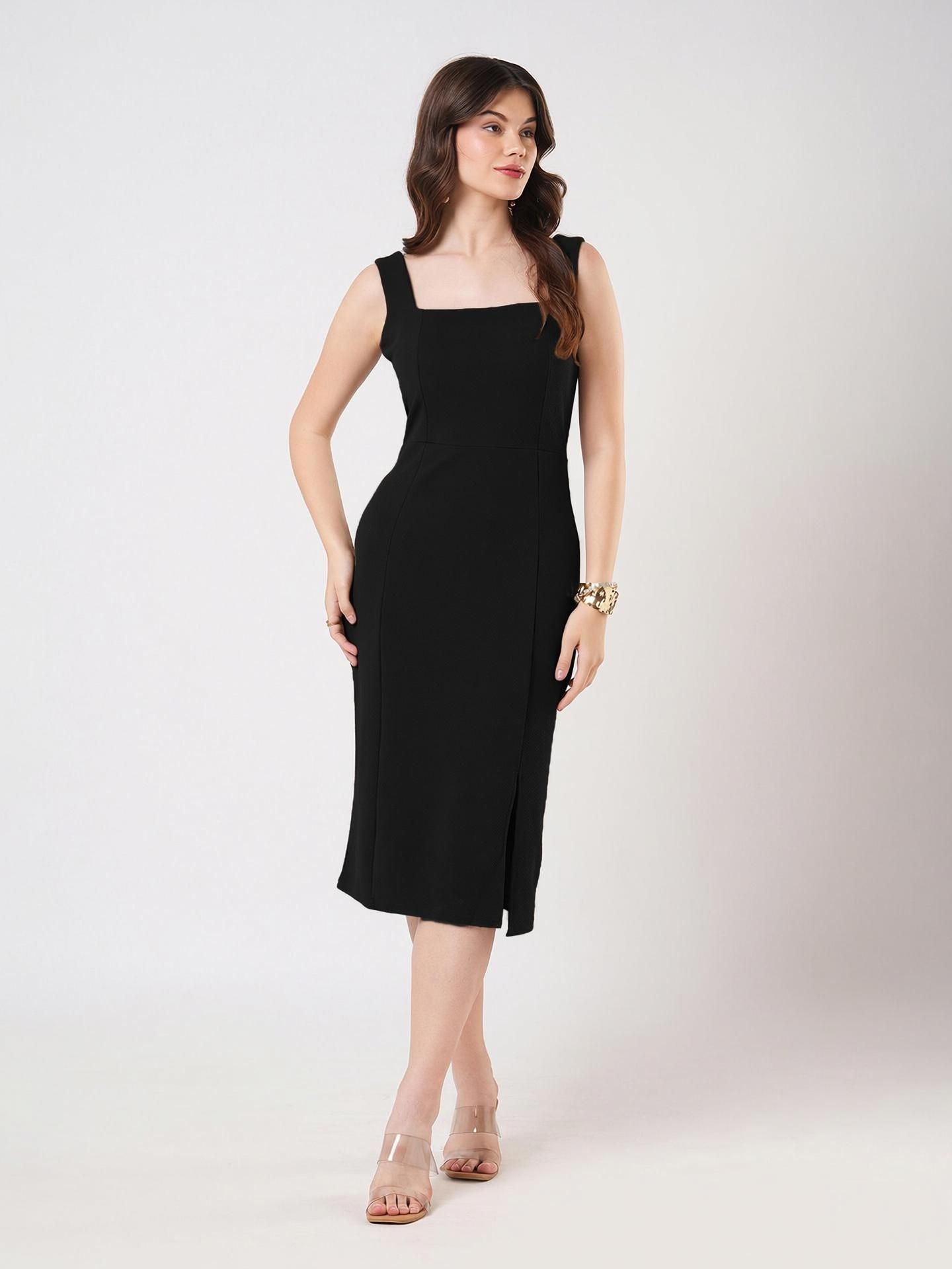selvia Women Bodycon Black Below Knee Dress-picture-25