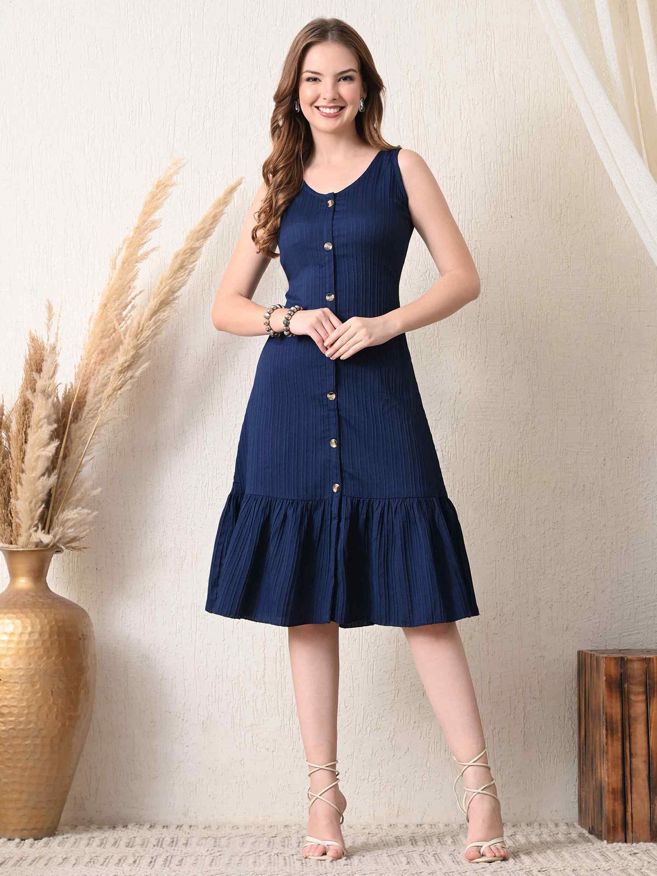 Women A-line Dark Blue Below Knee Dress