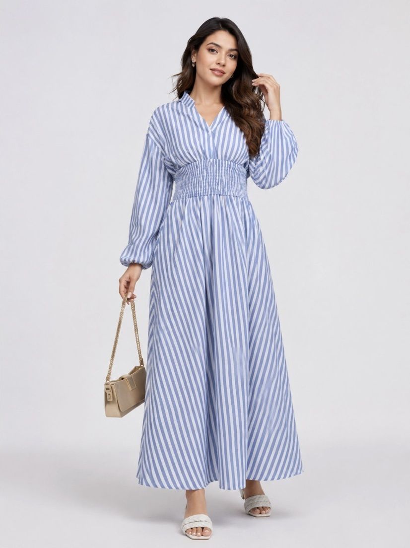 Women Cinched Waist Blue, White Maxi/Full Length Dress-image-8