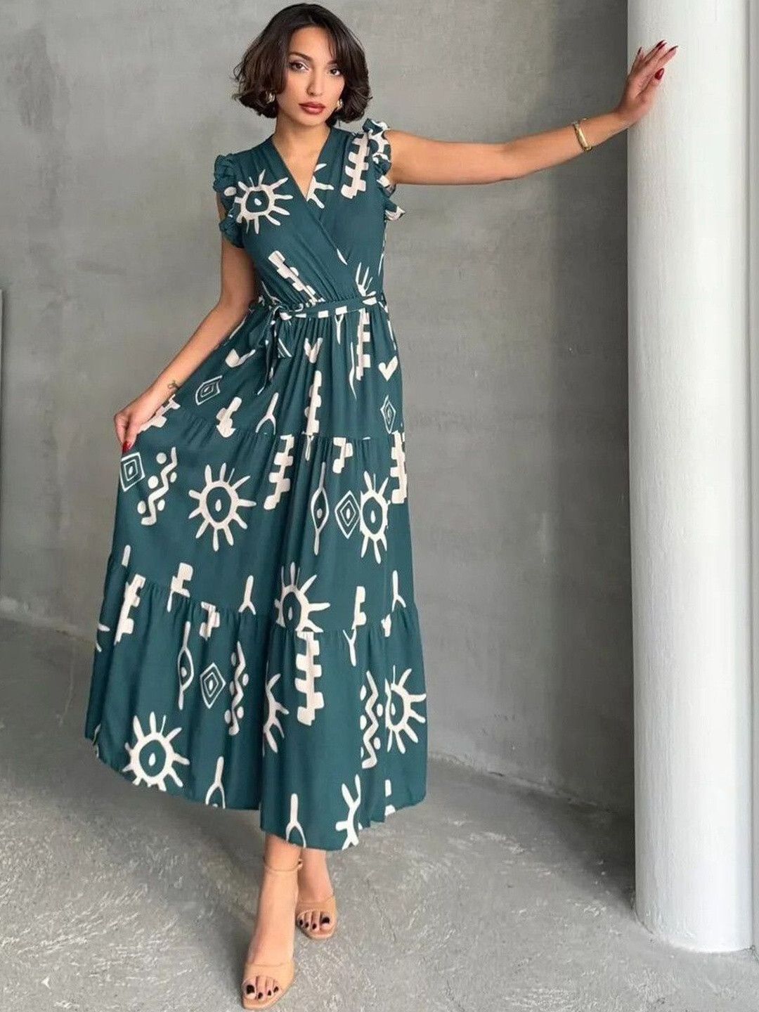 Women Fit and Flare Green Maxi/Full Length Dress-image-30