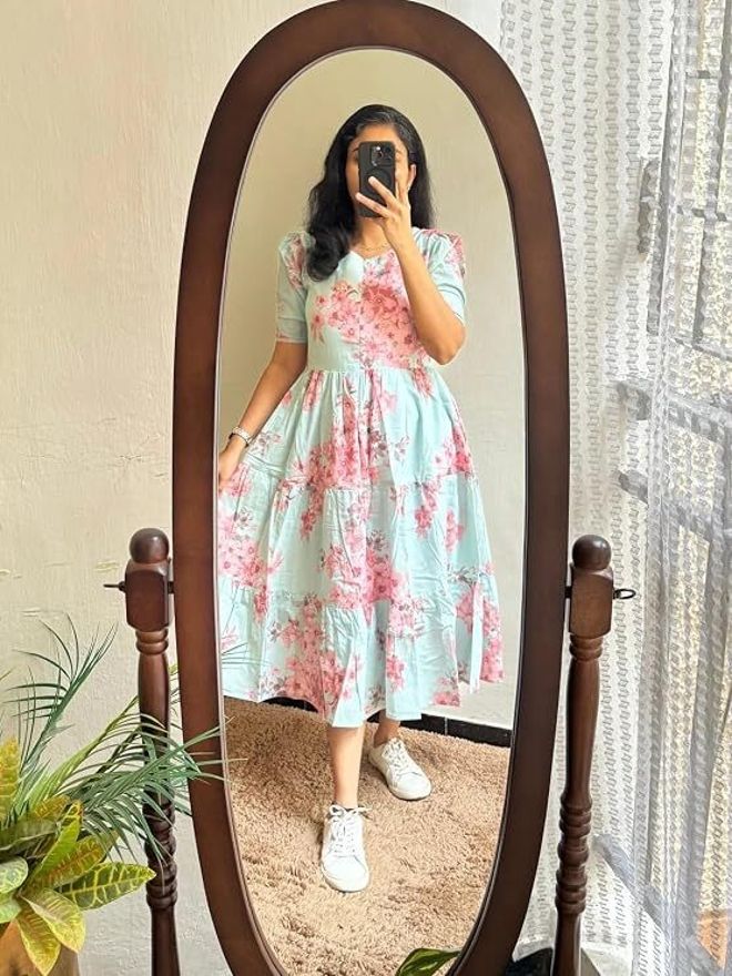 Women Tiered Light Blue Midi/Calf Length Dress-image-49