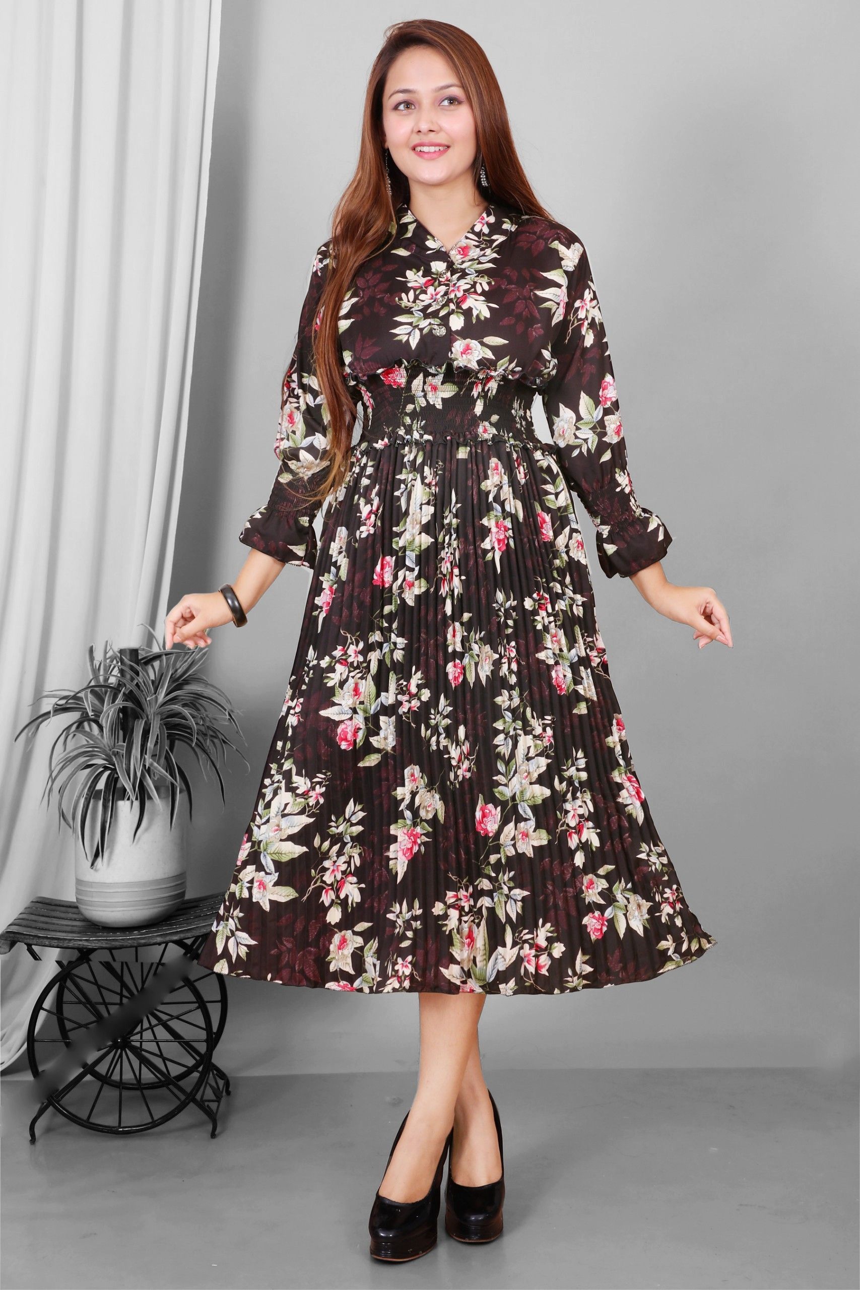 Women Pleated Black Midi/Calf Length Dress-image-30