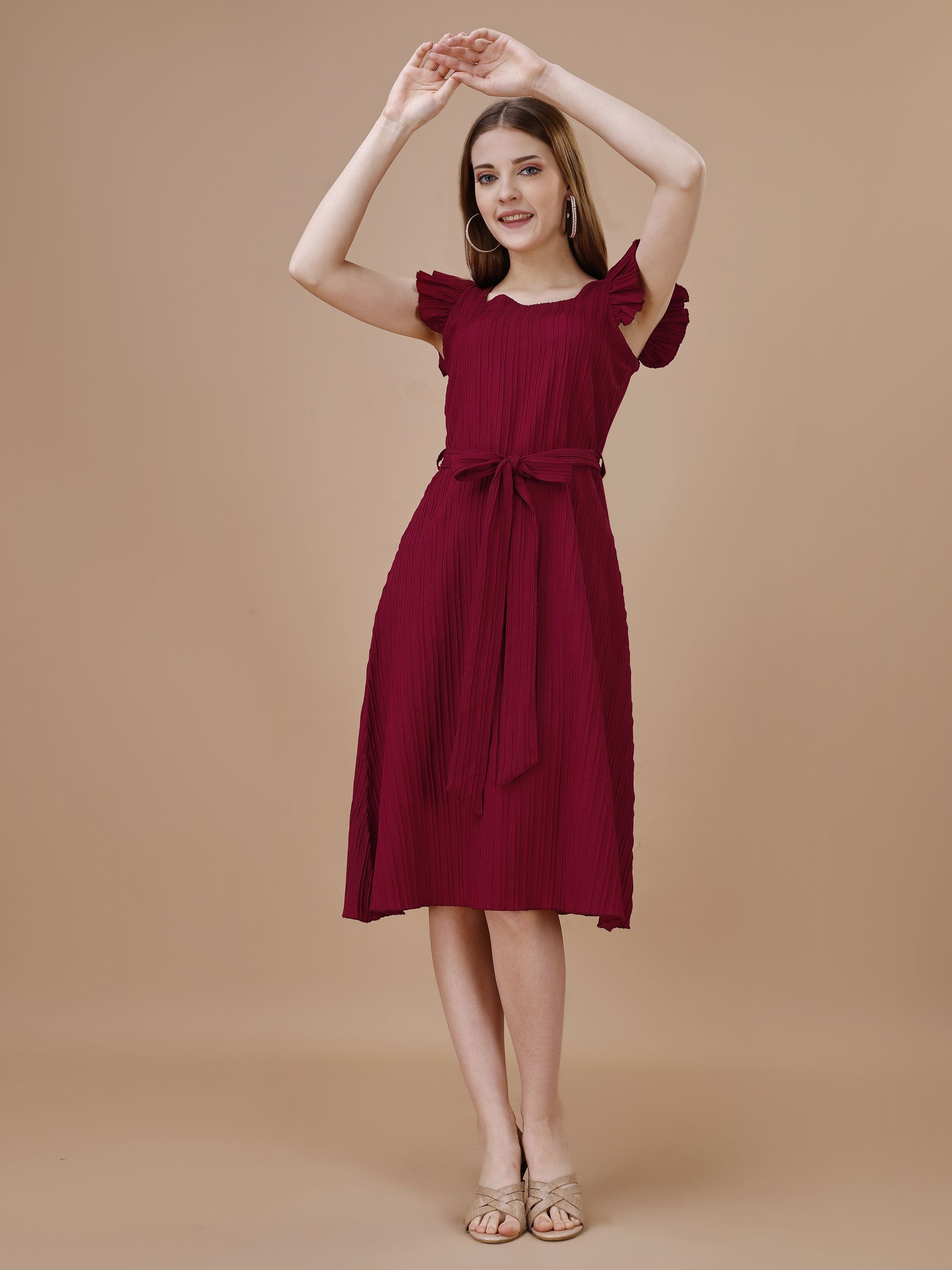 Women Fit and Flare Maroon Knee Length Dress-image-17