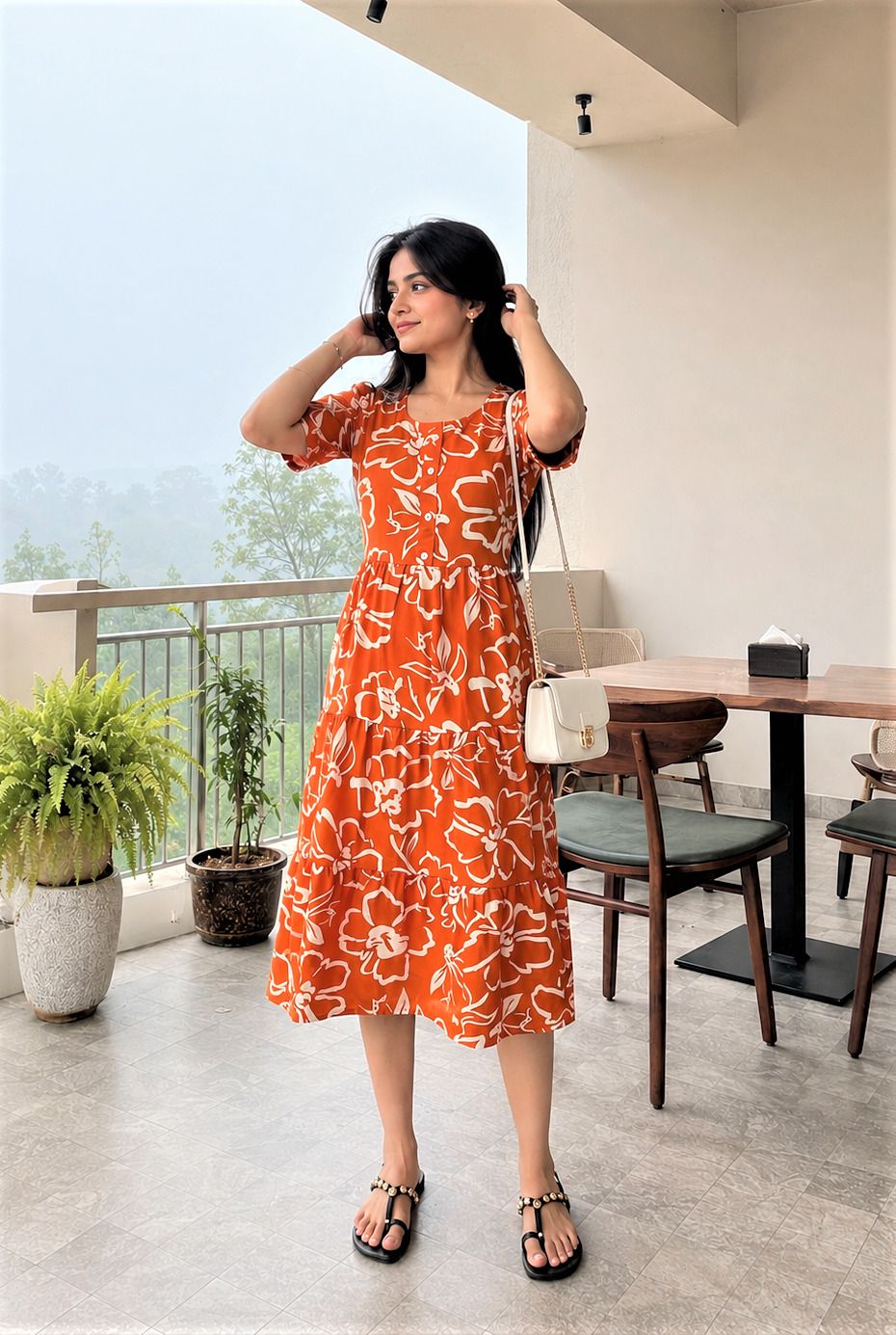 Women Tiered Orange, White Knee Length Dress-image-41