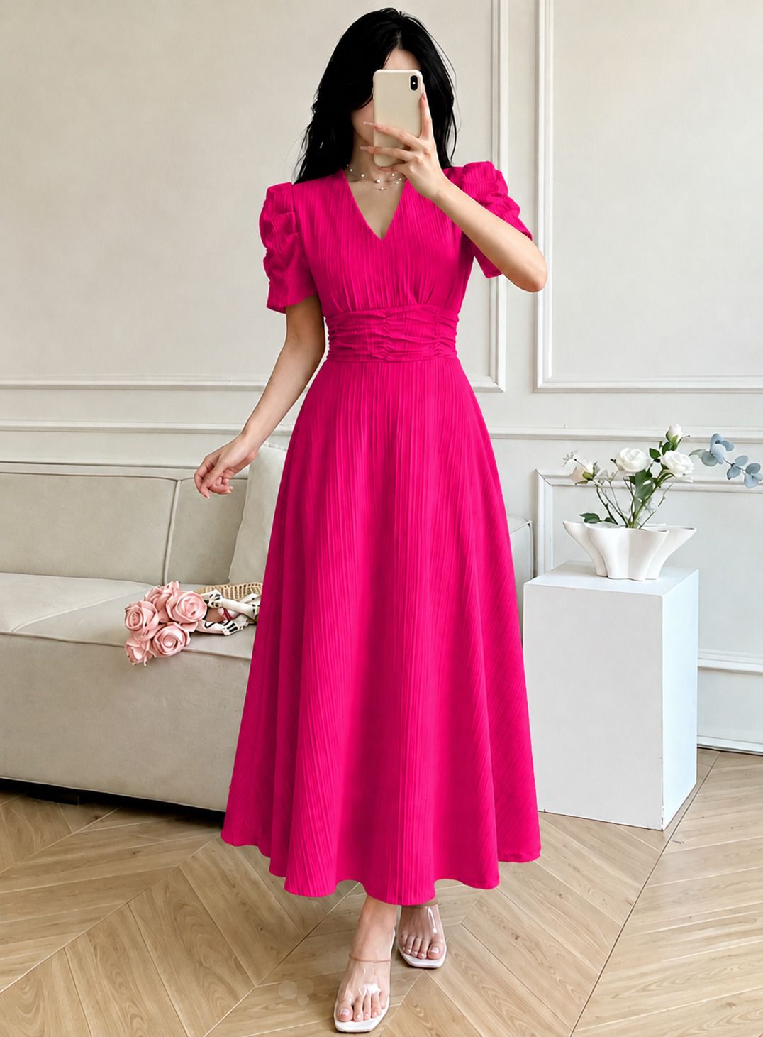fabflee Women Fit and Flare Pink Ankle Length Dress-picture-7