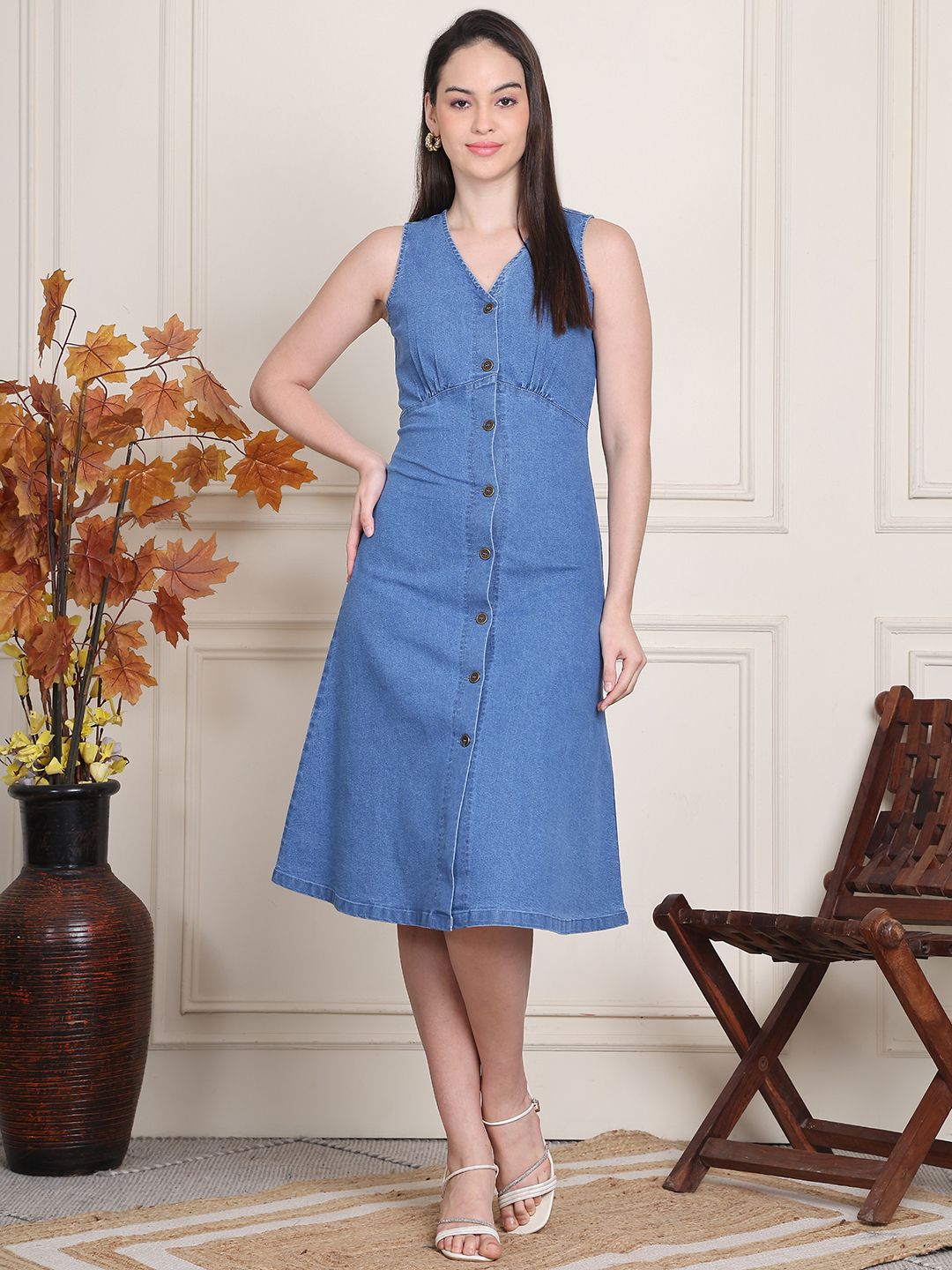 Women Fit and Flare Light Blue Knee Length Dress-image-26