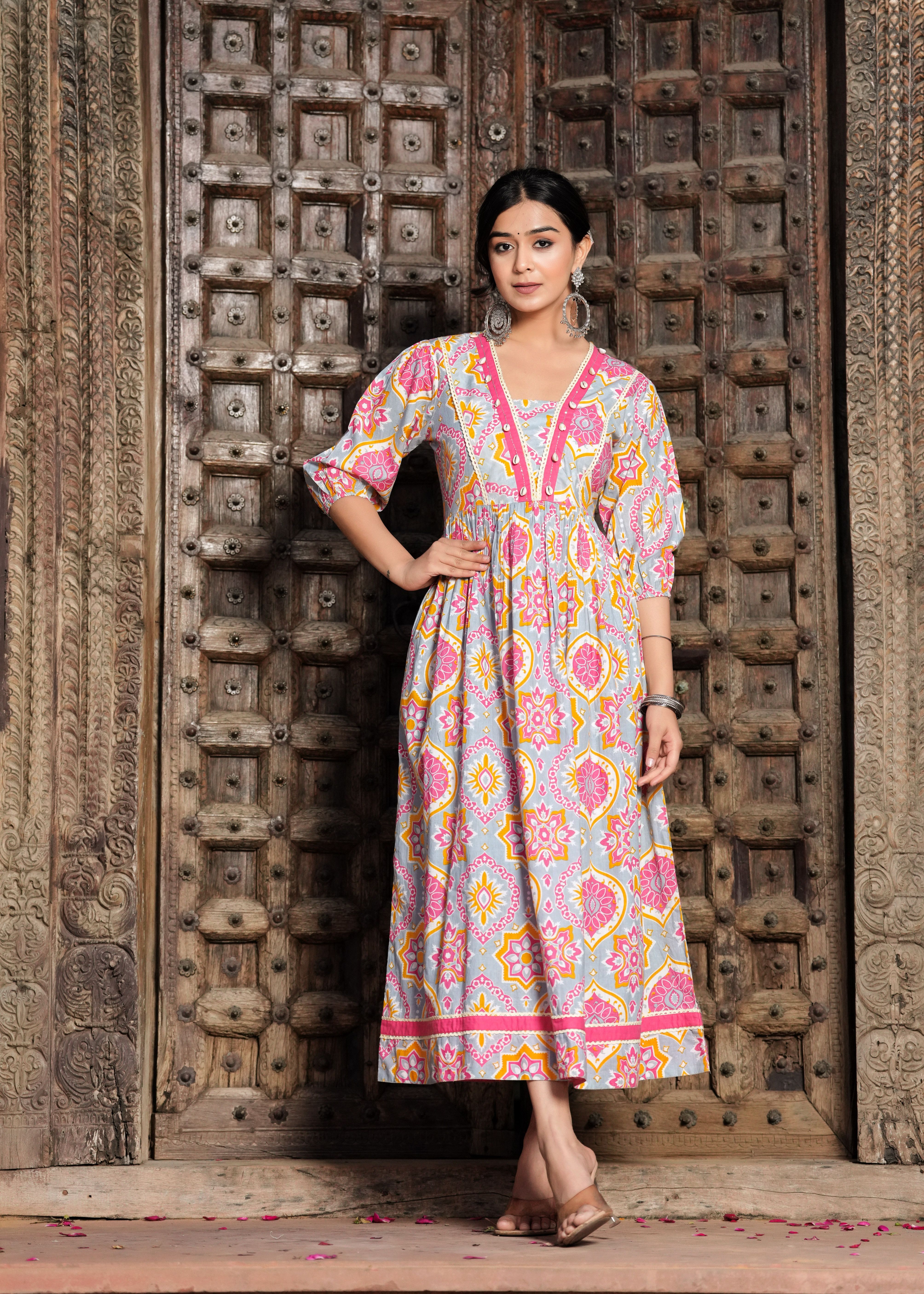 Women Ethnic Dress Grey, Pink Ankle Length Dress-image-30