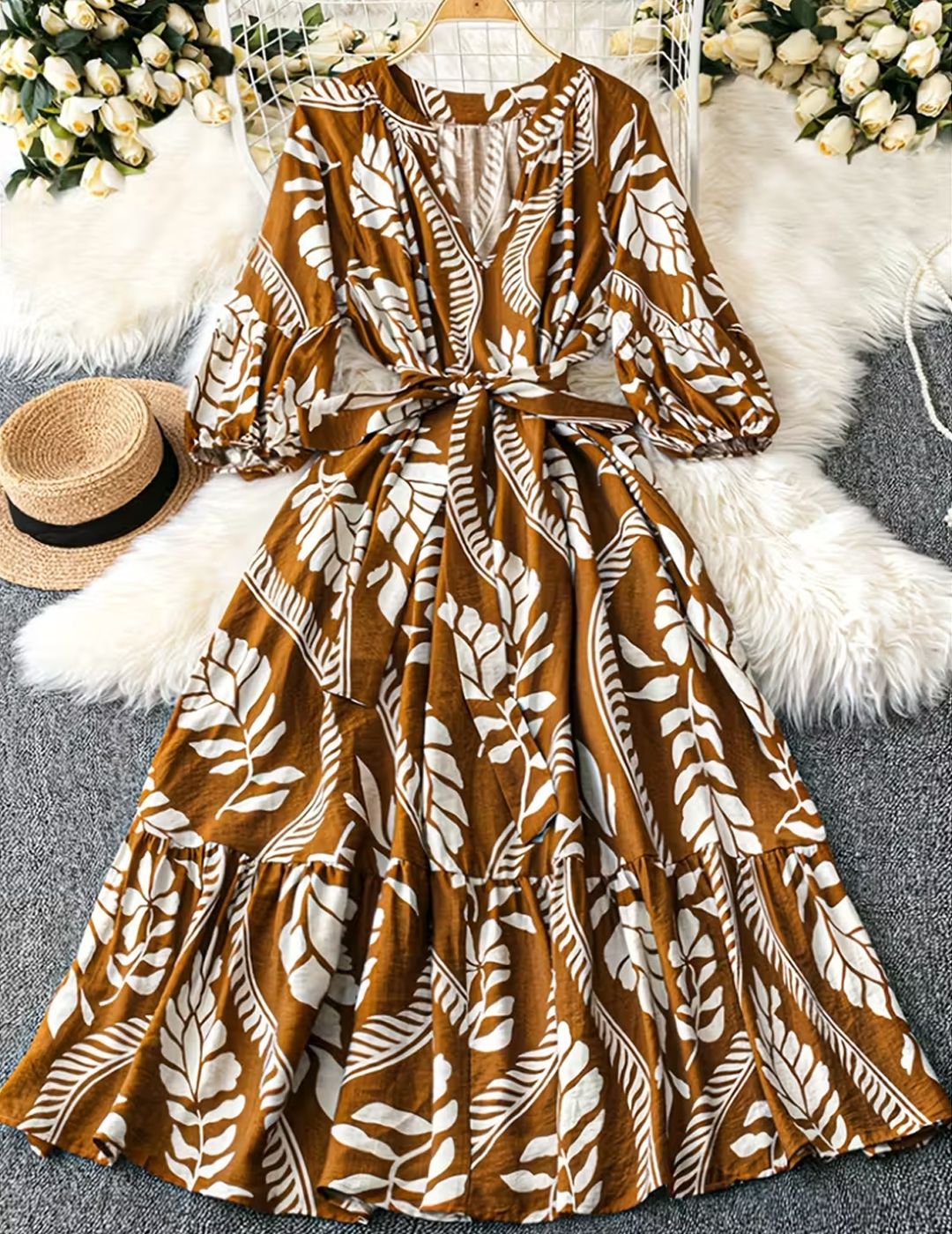 Women Fit and Flare Brown Maxi/Full Length Dress-image-10