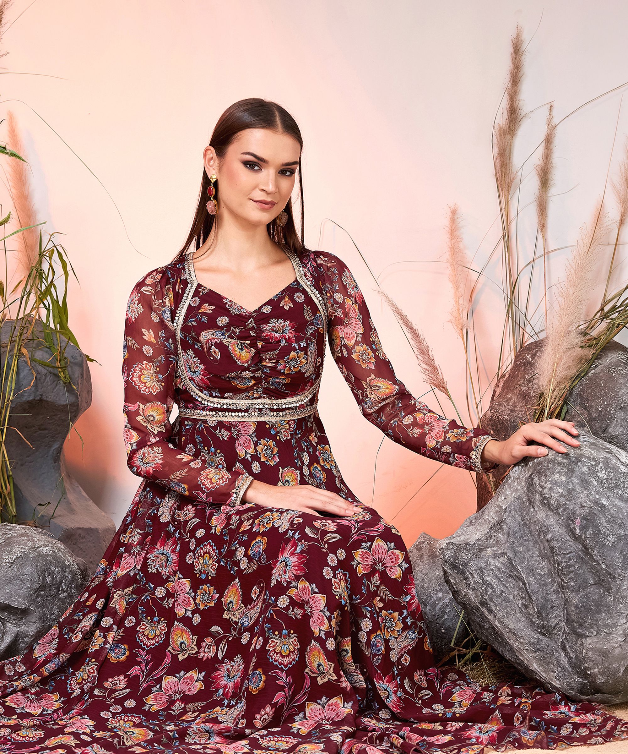miss chase Women Ethnic Dress Maroon Maxi/Full Length Dress-picture-38