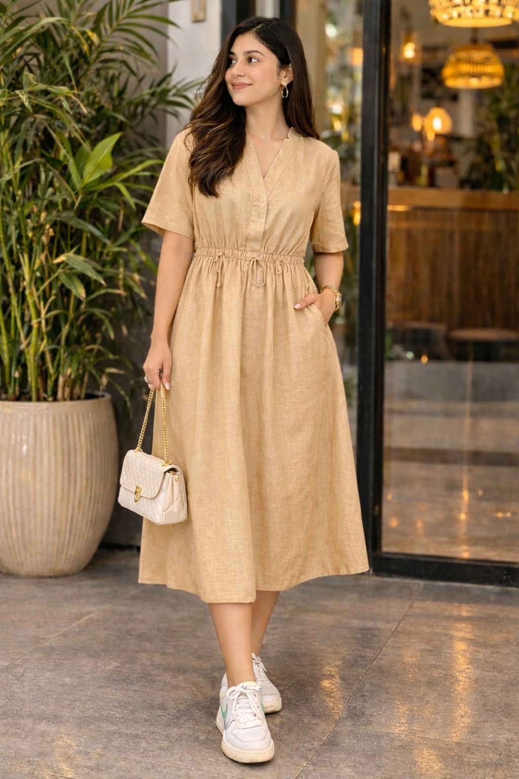 Women Fit and Flare Beige Below Knee Dress-image-26