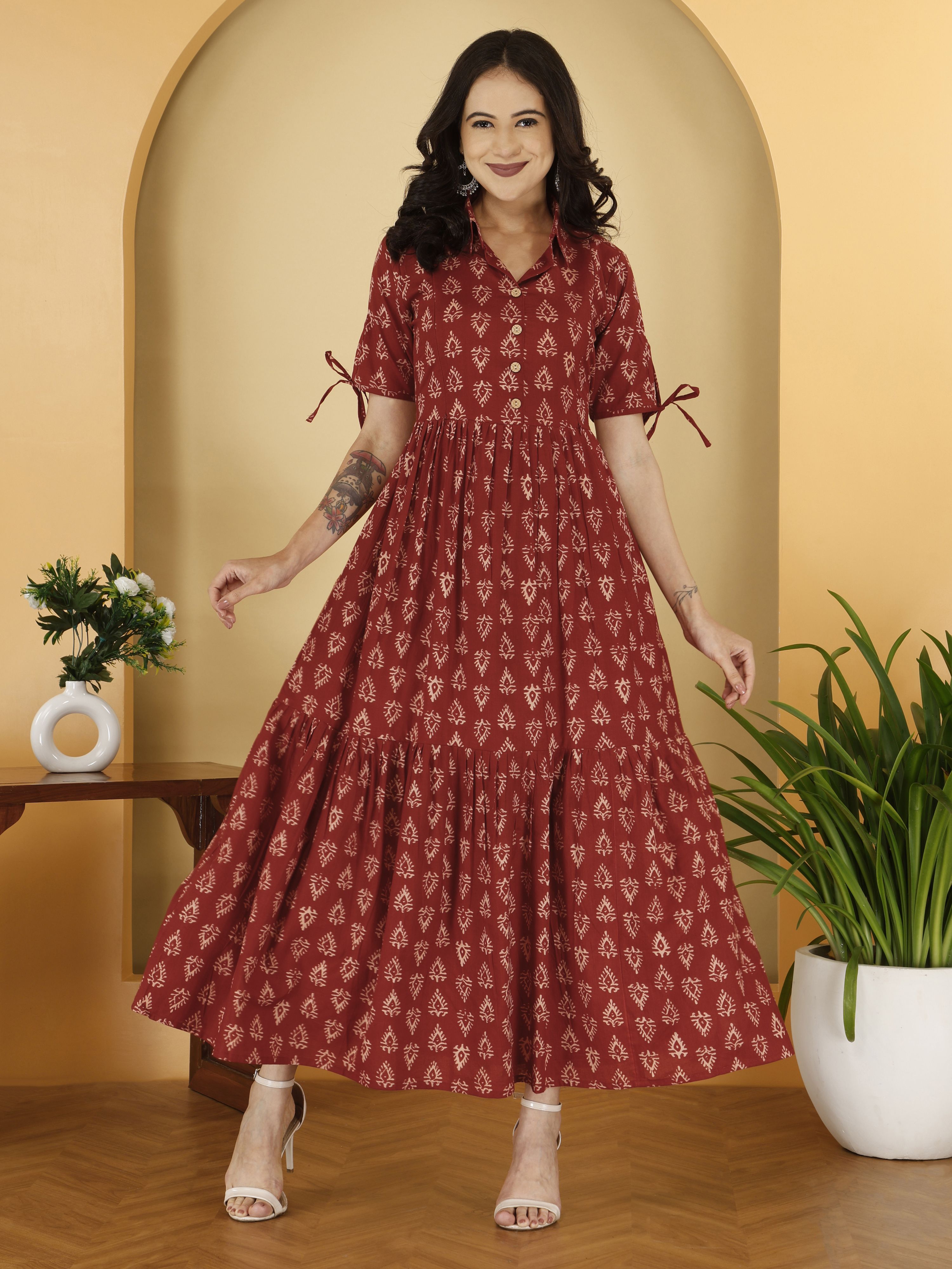 Women Gathered Maroon Midi/Calf Length Dress-image-23