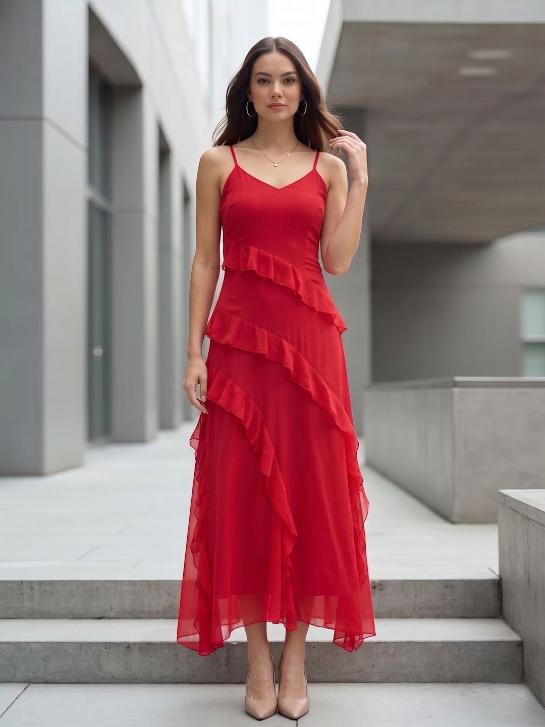 aayu Women Layered Red Maxi/Full Length Dress-picture-22