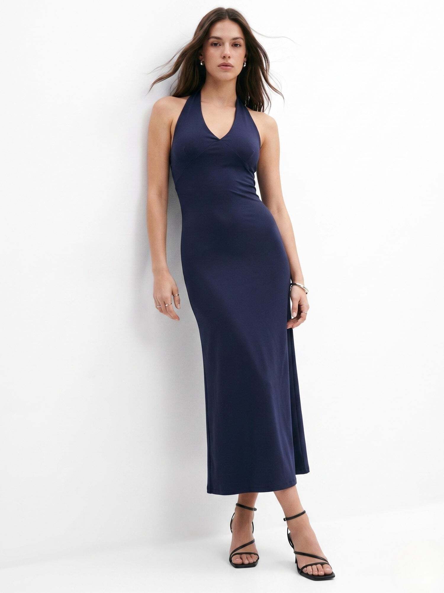 outzidr Women Fit and Flare Dark Blue Maxi/Full Length Dress-picture-13