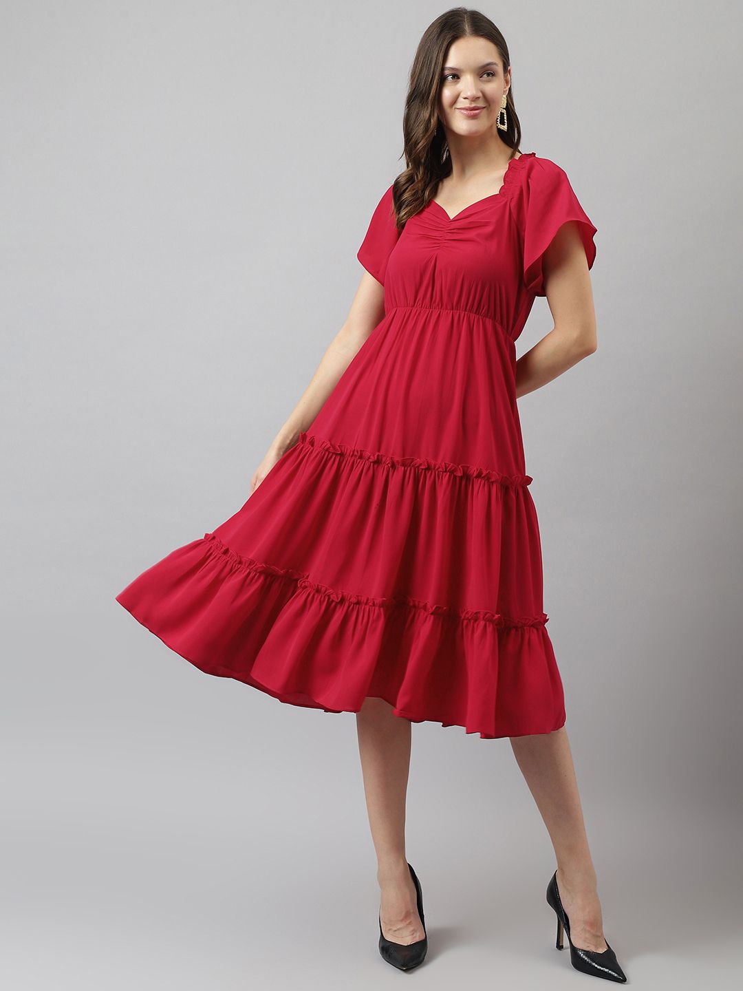 keri perry Women Tiered Red Midi/Calf Length Dress-picture-11