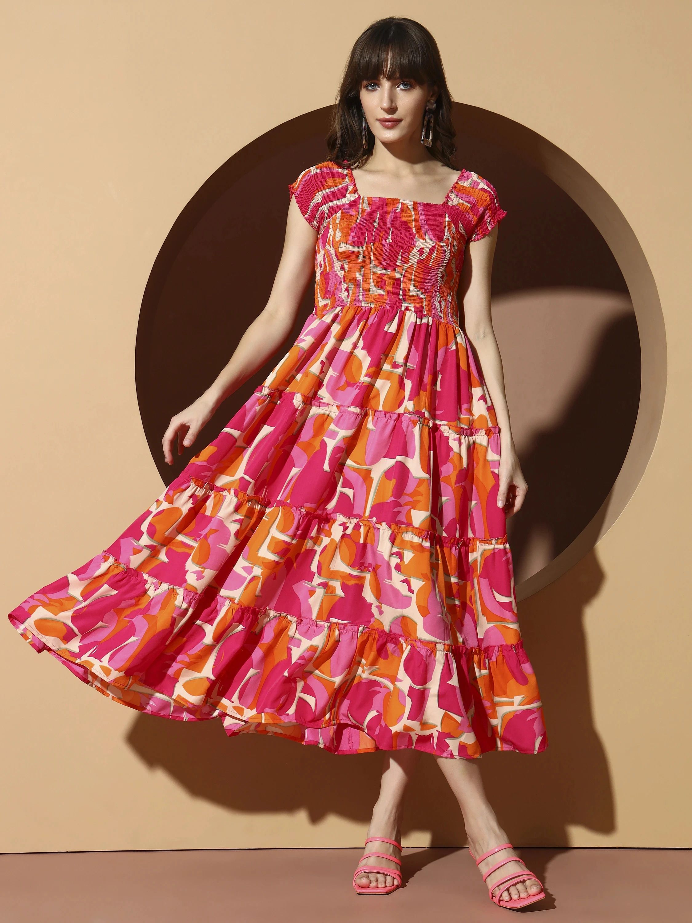 Women Fit and Flare Orange, Red Midi/Calf Length Dress