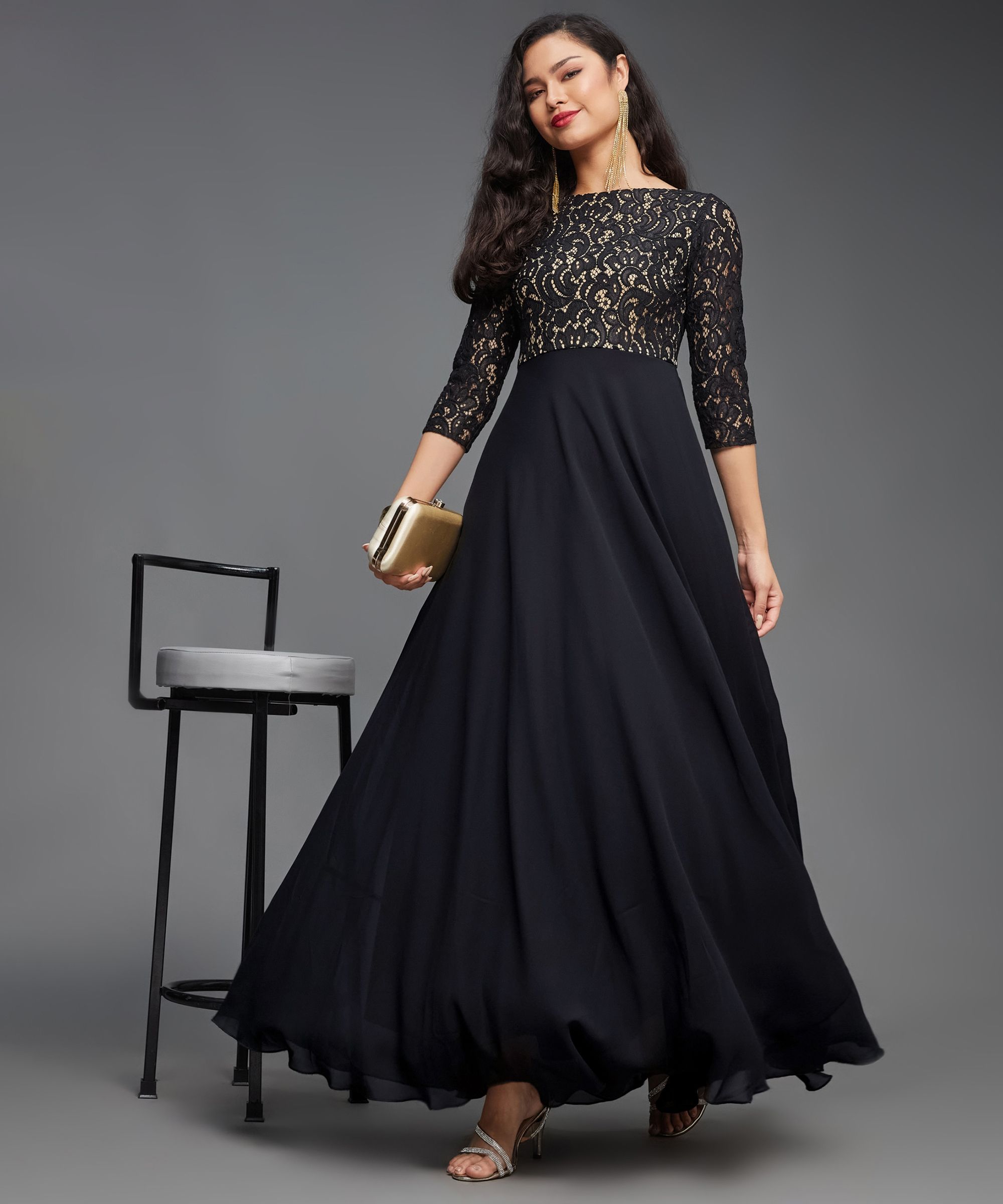 miss chase Women Maxi Black, Yellow Full Length Dress-picture-18