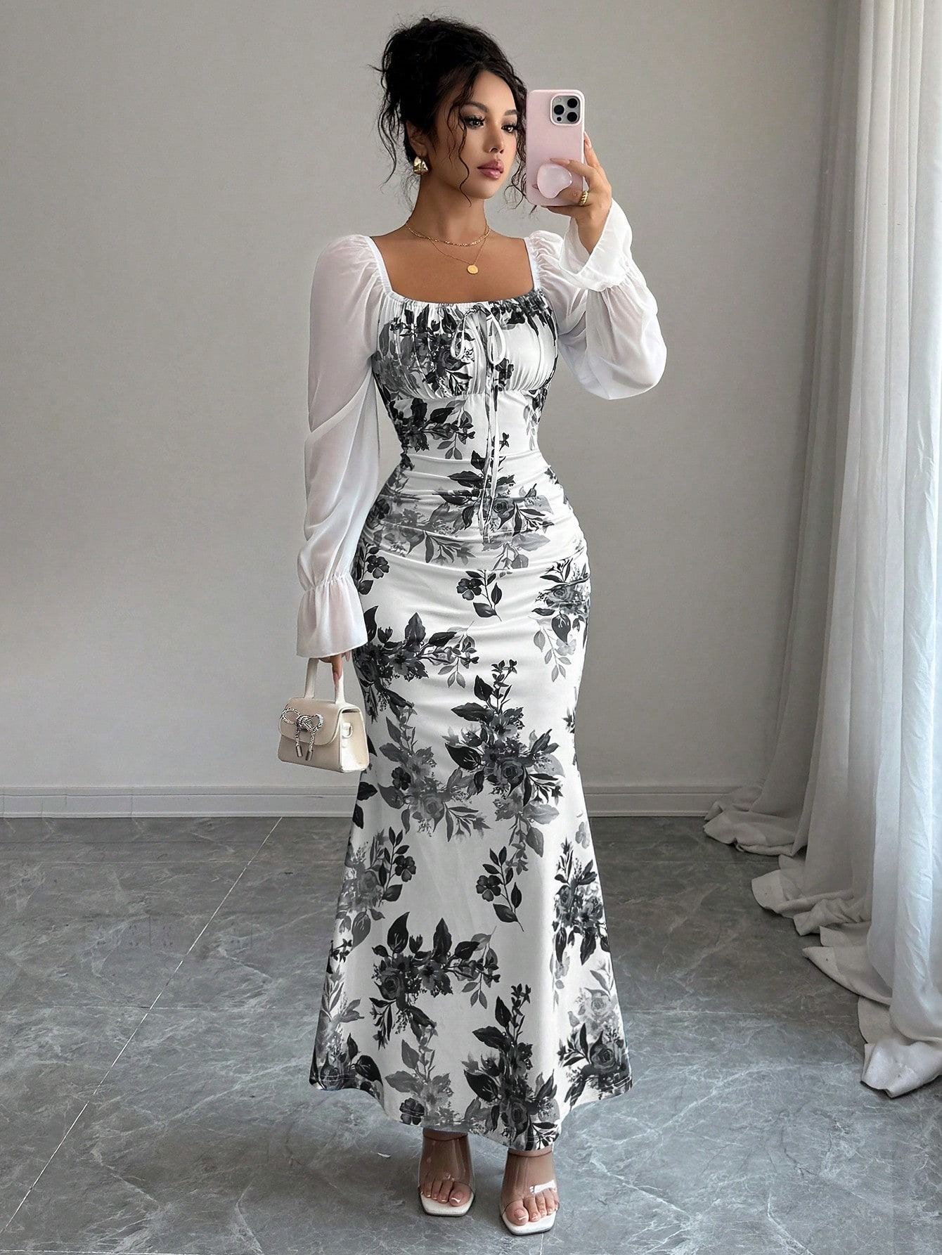 Women Fit and Flare White, Black Maxi/Full Length Dress-image-34