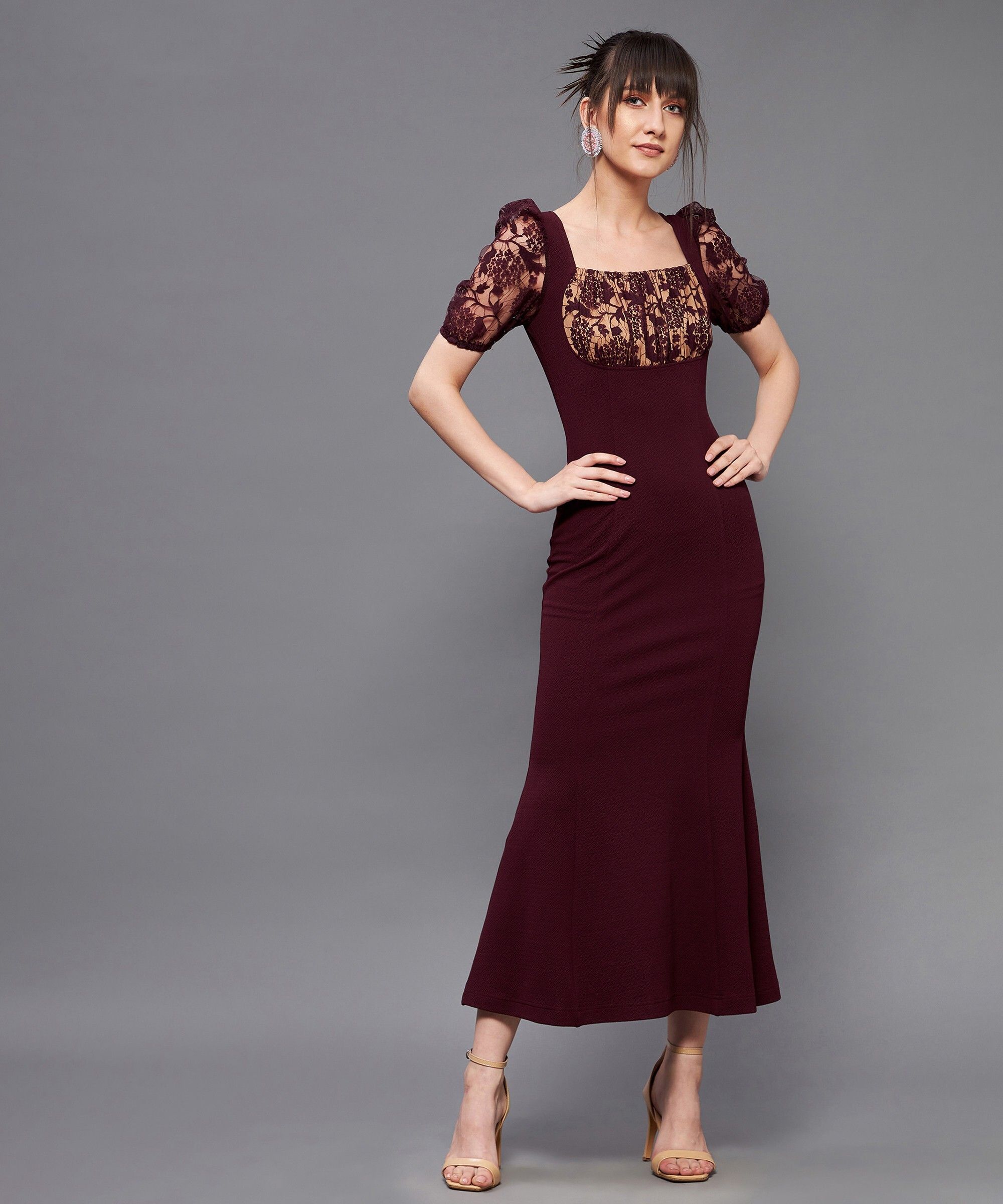 miss chase Women A-line Maroon Ankle Length Dress-picture-13