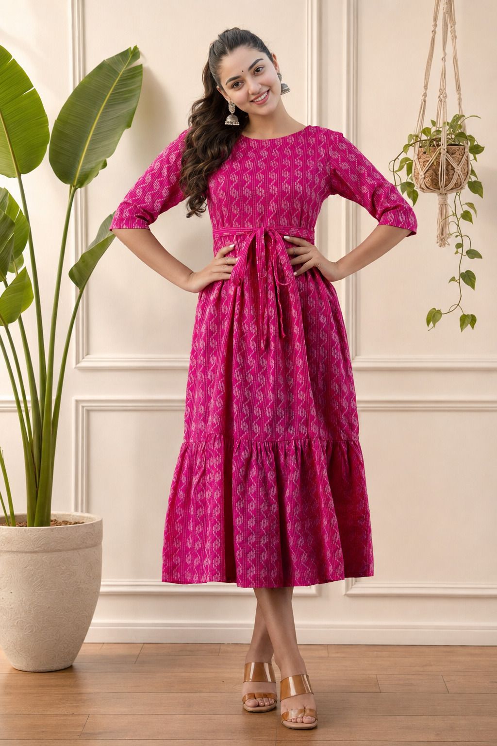 Women Tiered Pink Midi/Calf Length Dress-image-45