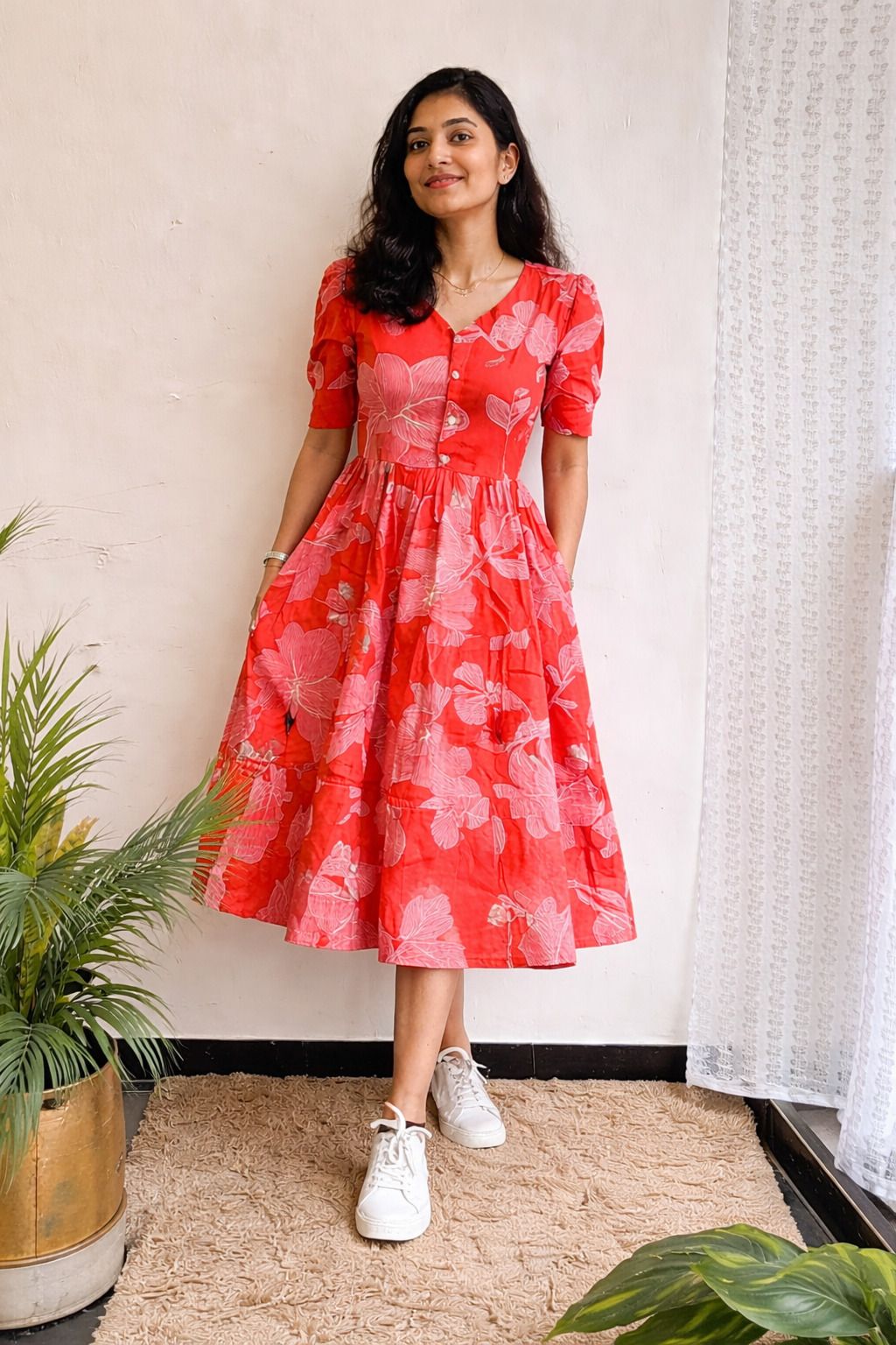 Women Fit and Flare Orange Midi/Calf Length Dress-image-12