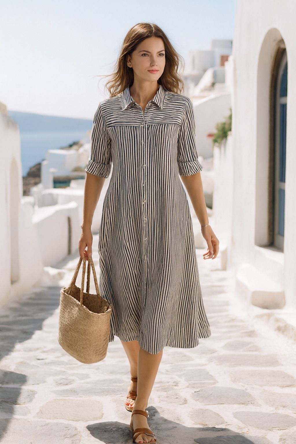 Women Shirt Black, White Below Knee Dress