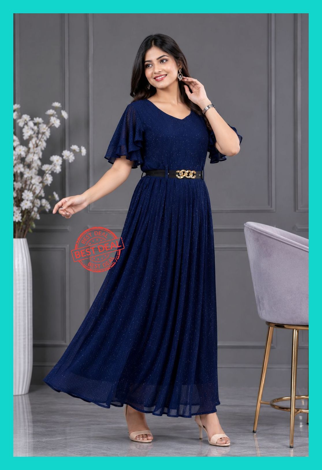 Women Fit and Flare Blue Maxi/Full Length Dress-image-2