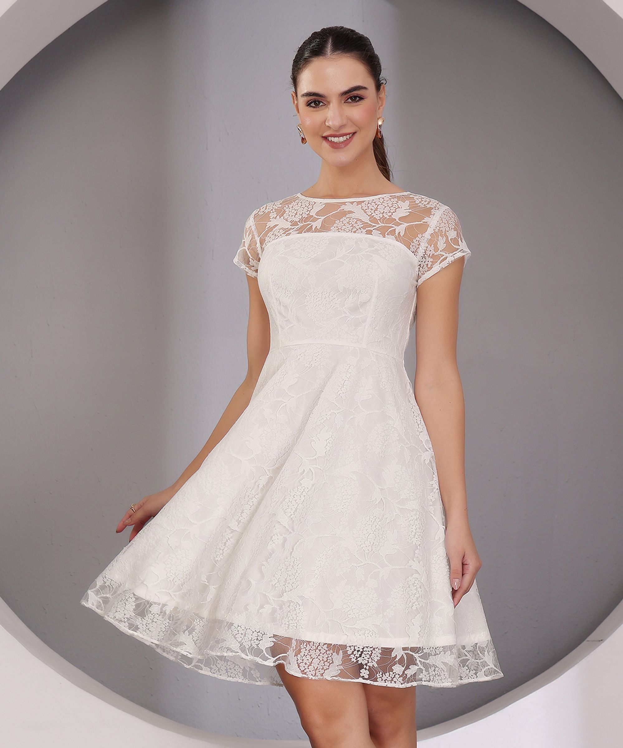 Women Skater White Mini/Short Dress-image-14