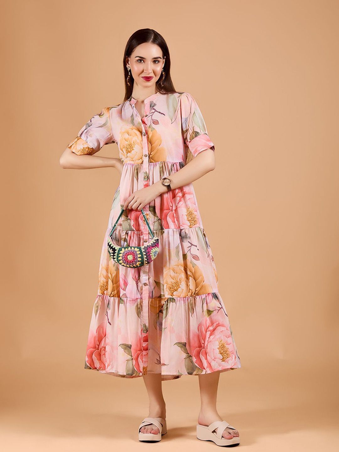 Women Fit and Flare Pink Midi/Calf Length Dress-image-8