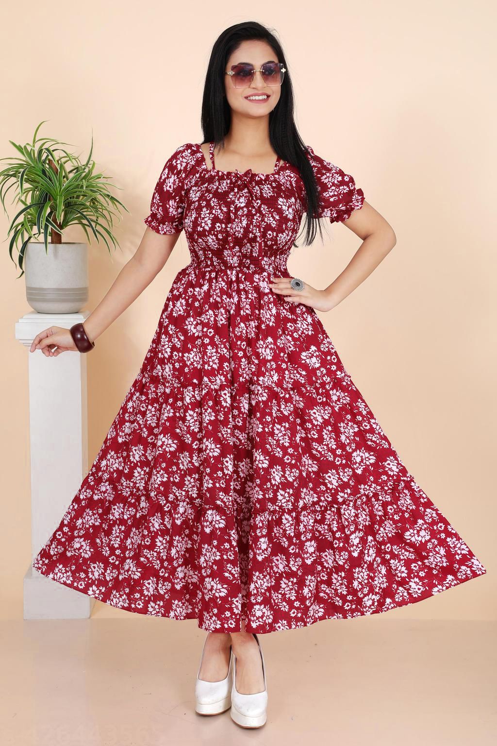 Women Fit and Flare Maroon Knee Length Dress