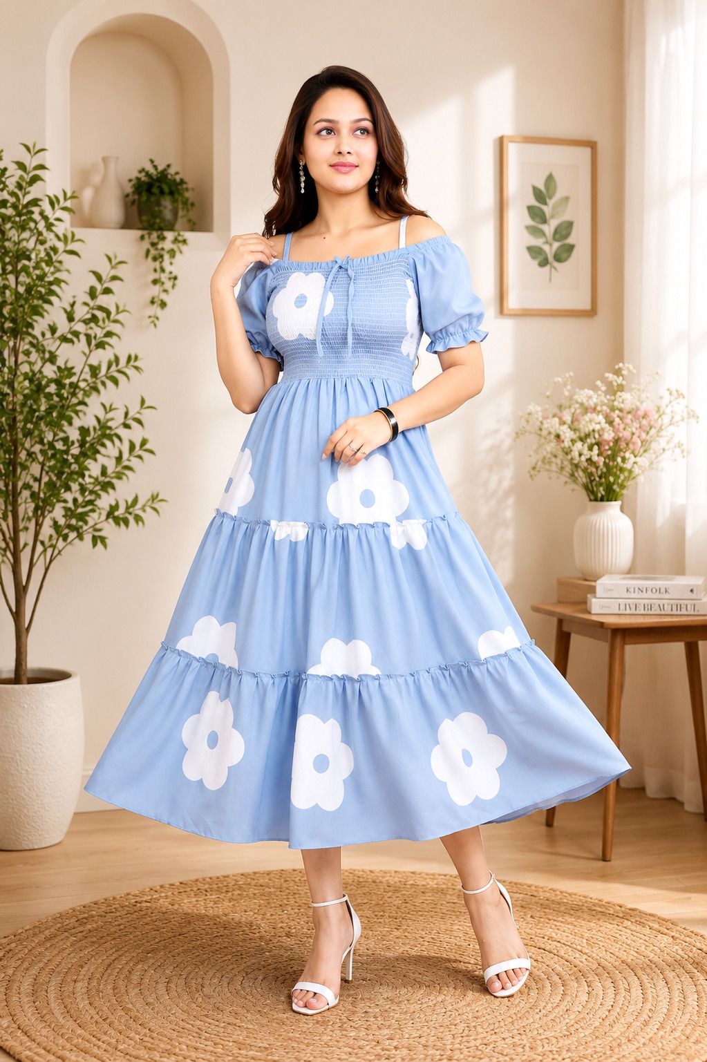 Women Tiered Light Blue Midi/Calf Length Dress-image-36