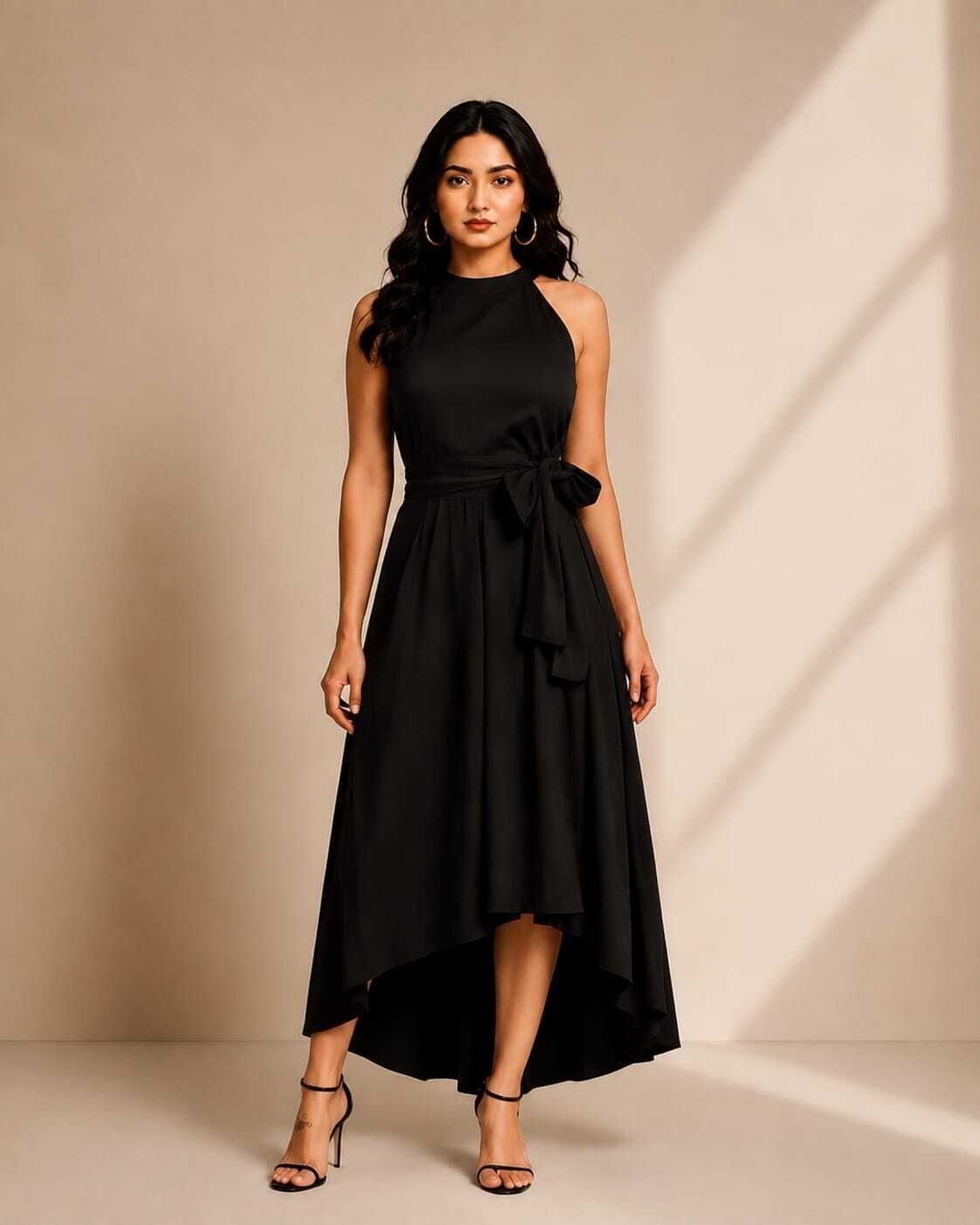 Women High Low Black Below Knee Dress-image-28