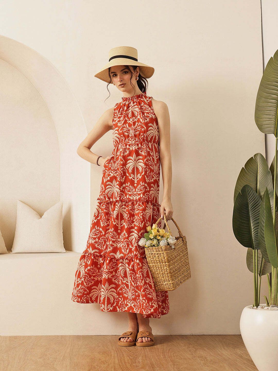 Women Fit and Flare Orange Below Knee Dress-image-4