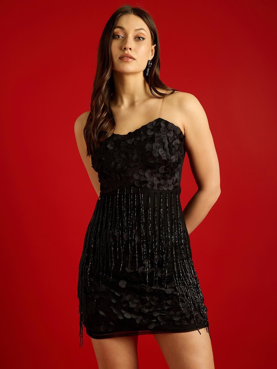 Women Fit and Flare Black Knee Length Dress-image-44