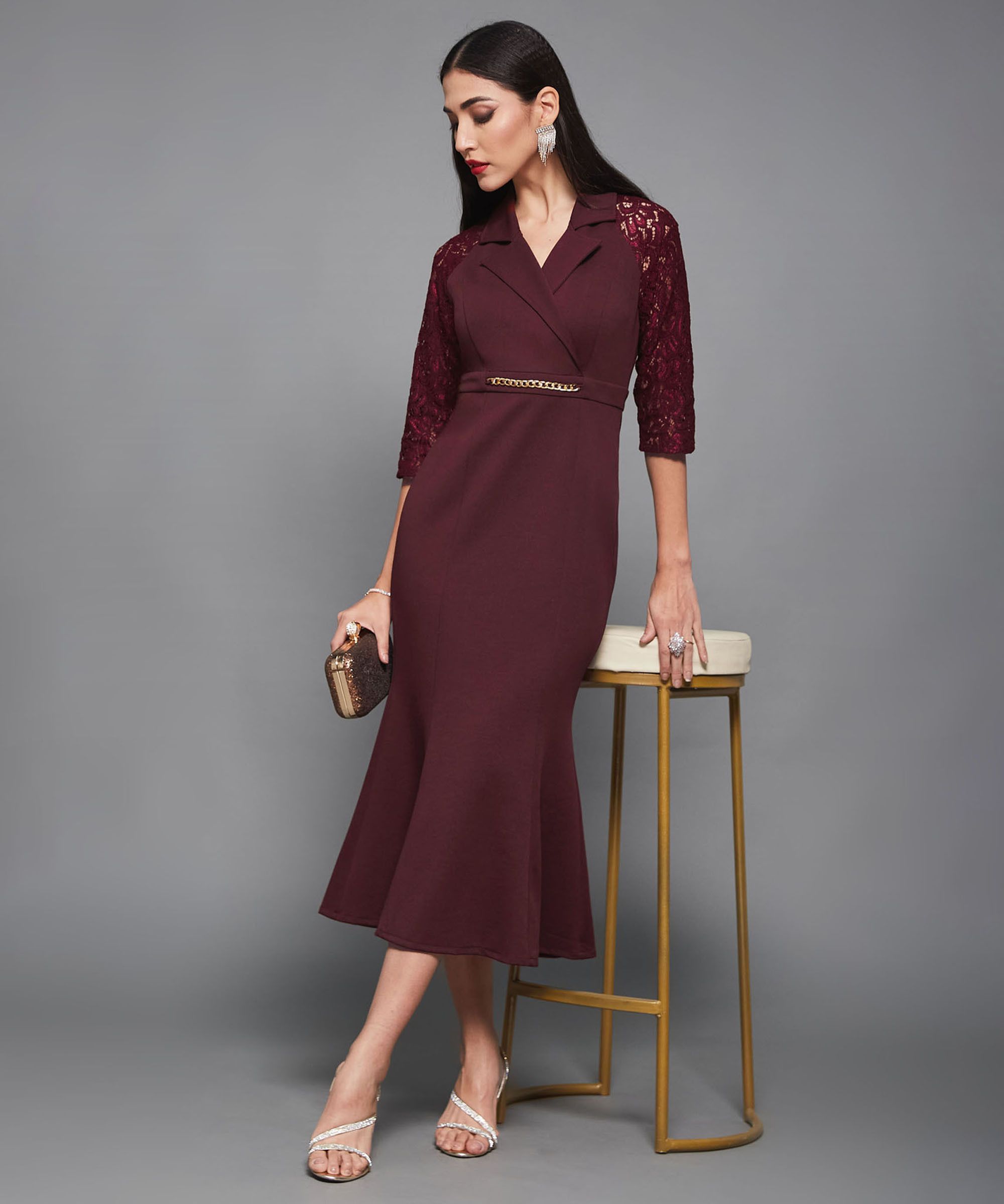 miss chase Women Bodycon Maroon Midi/Calf Length Dress-picture-13