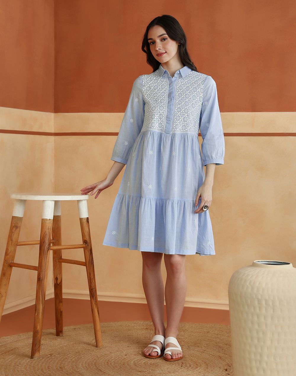 fabindia Women Tiered Blue Knee Length Dress-picture-16