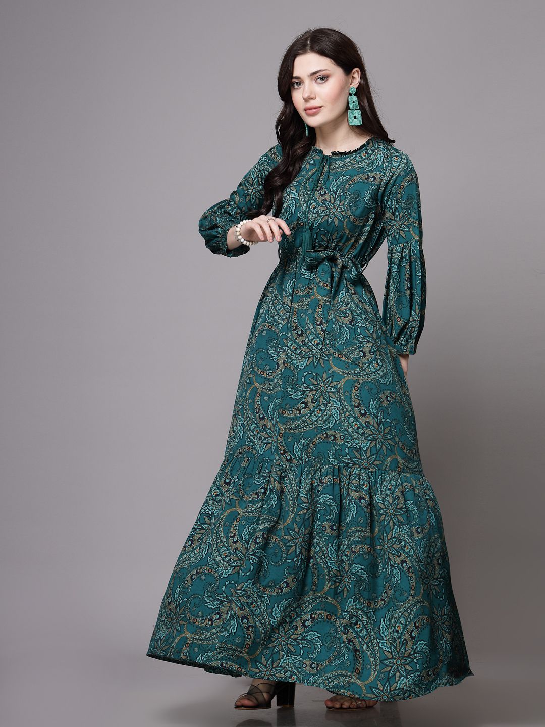 Women Fit and Flare Green Maxi/Full Length Dress-image-17