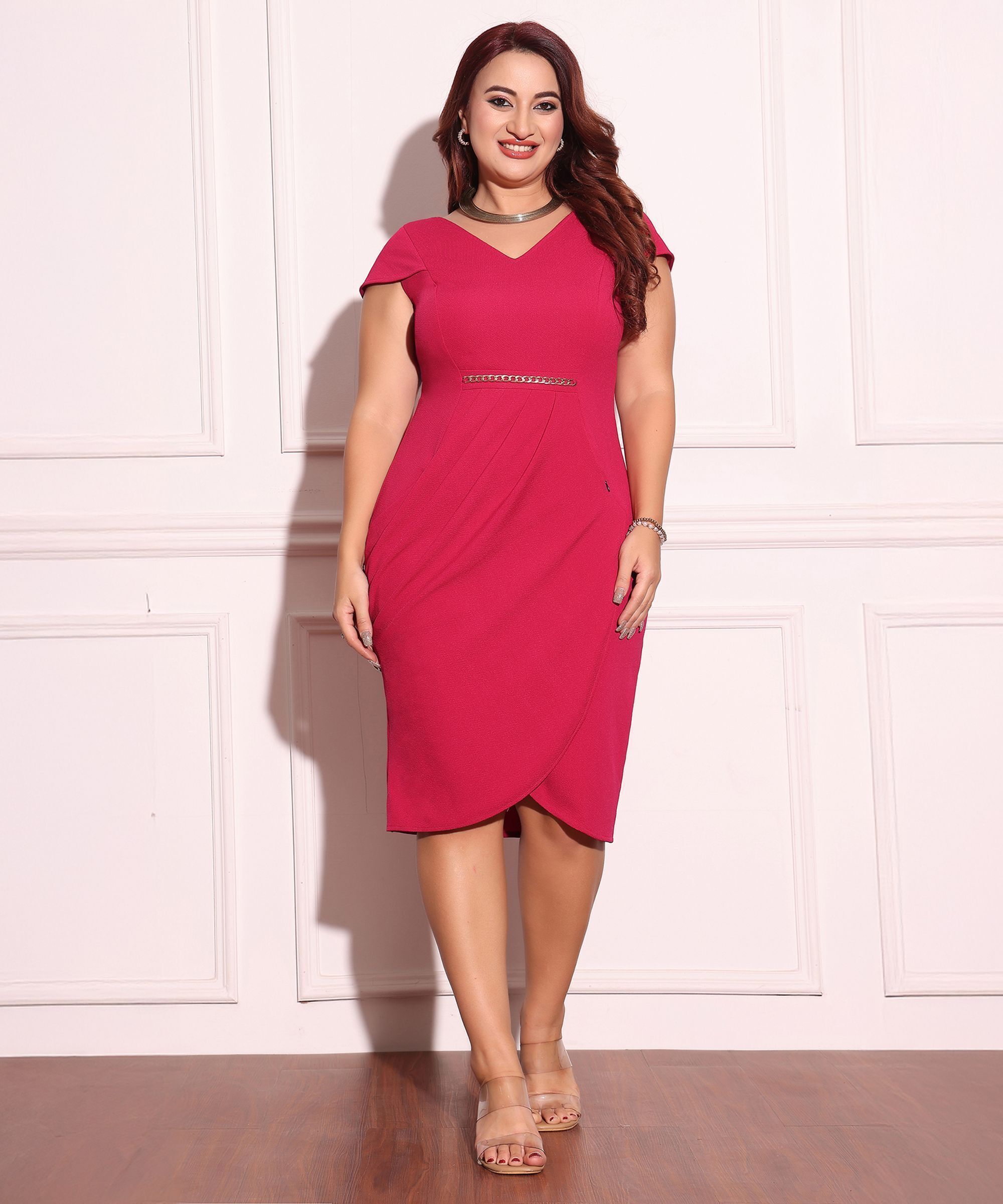 Women Pleated Pink Below Knee Dress-image-3