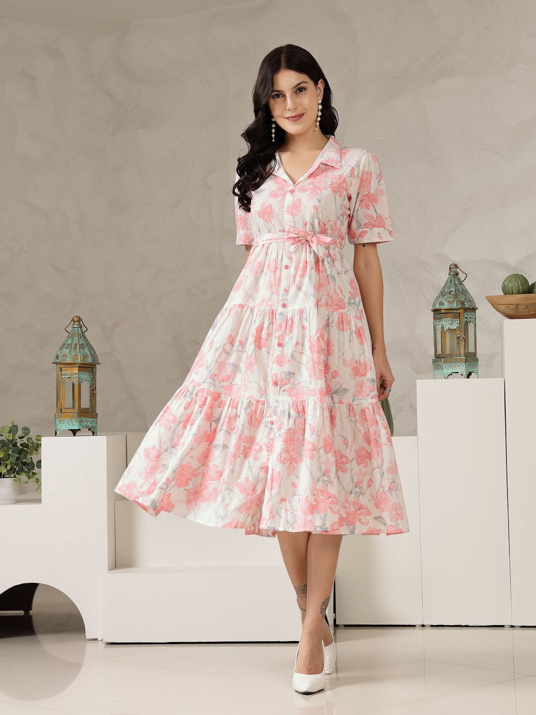 Women Fit and Flare Orange Below Knee Dress-image-5