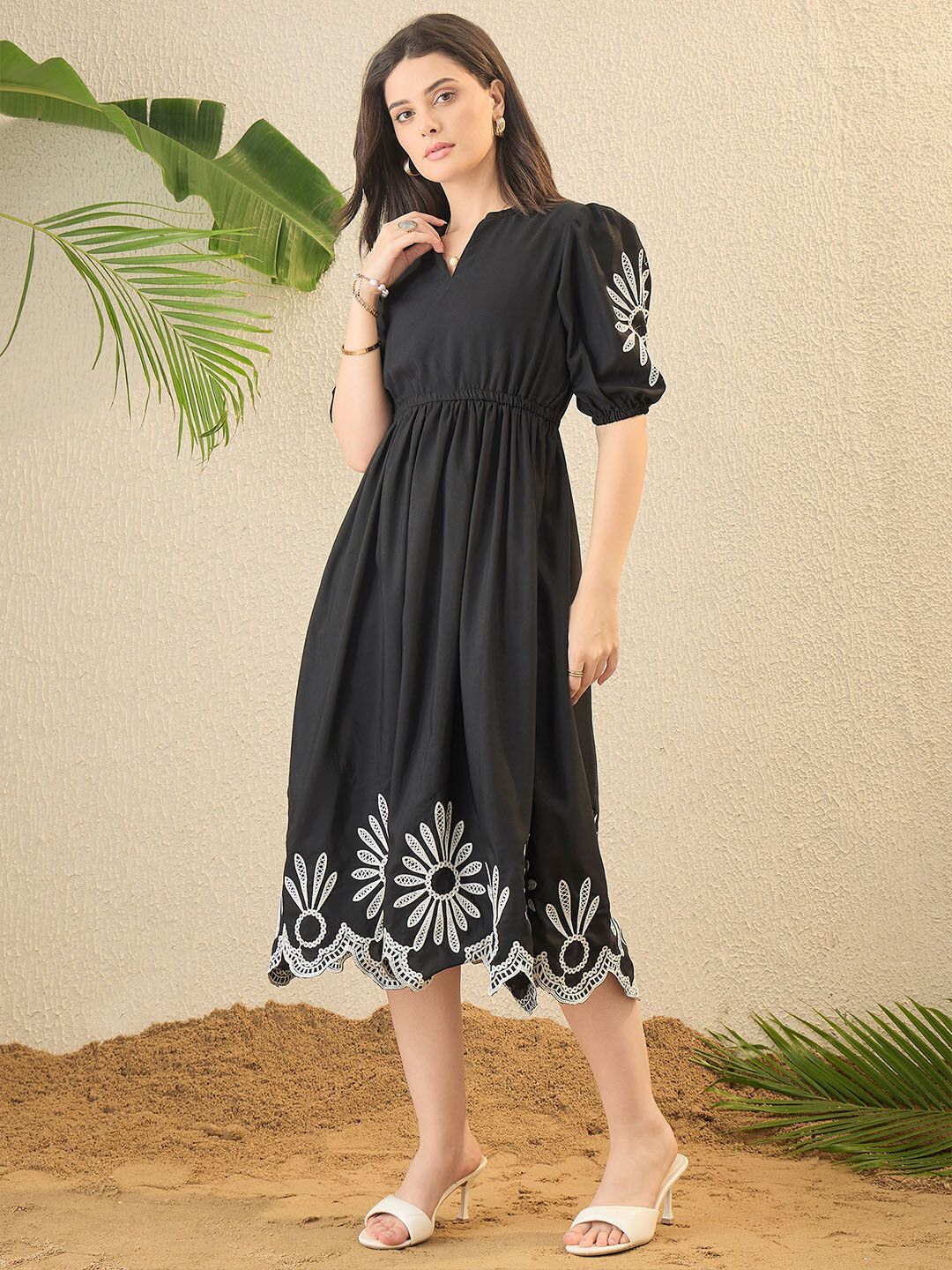 Women Fit and Flare Black Below Knee Dress-image-4