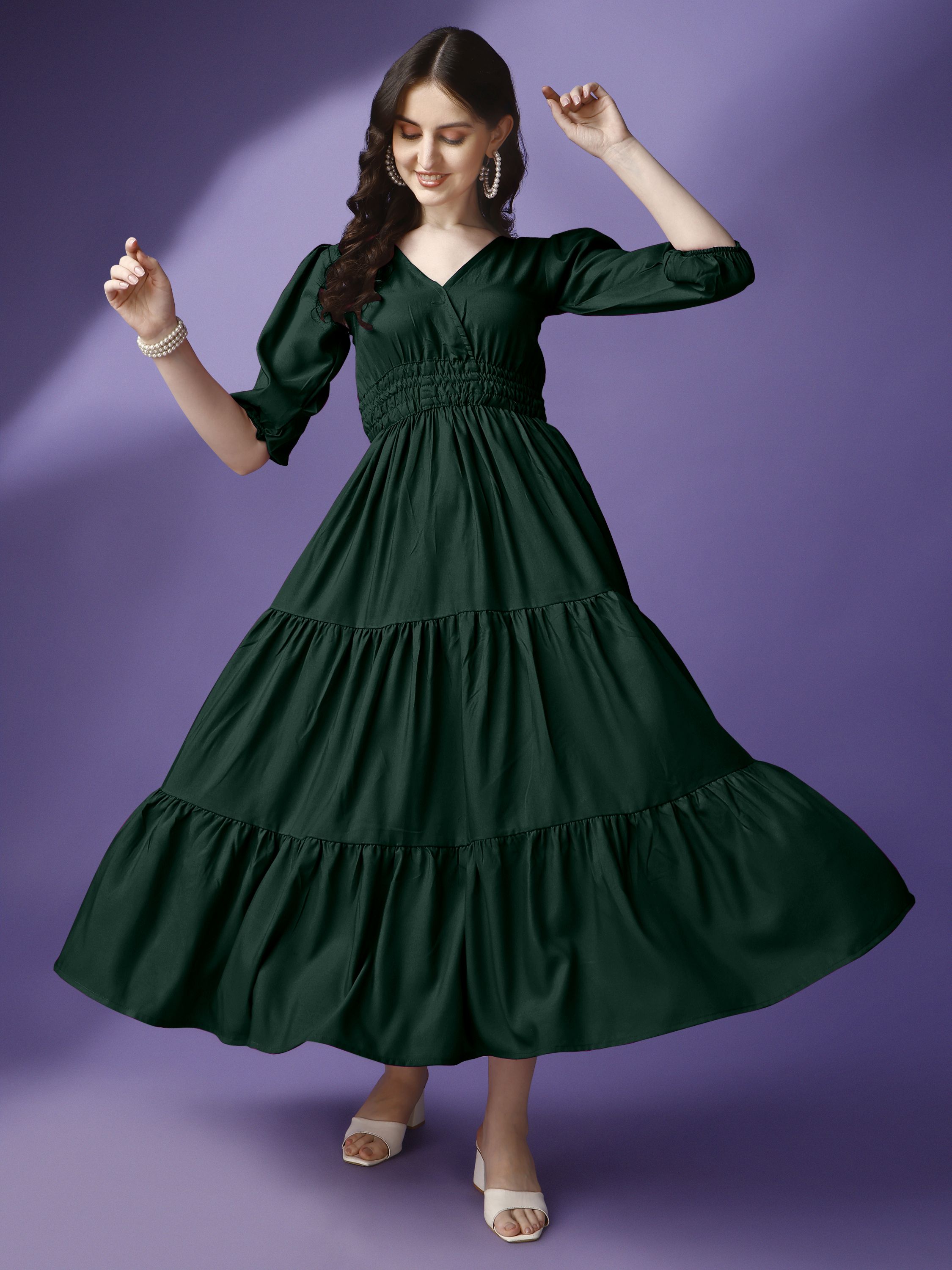 raiyani enterprise Women Fit and Flare Green Ankle Length Dress-picture-5