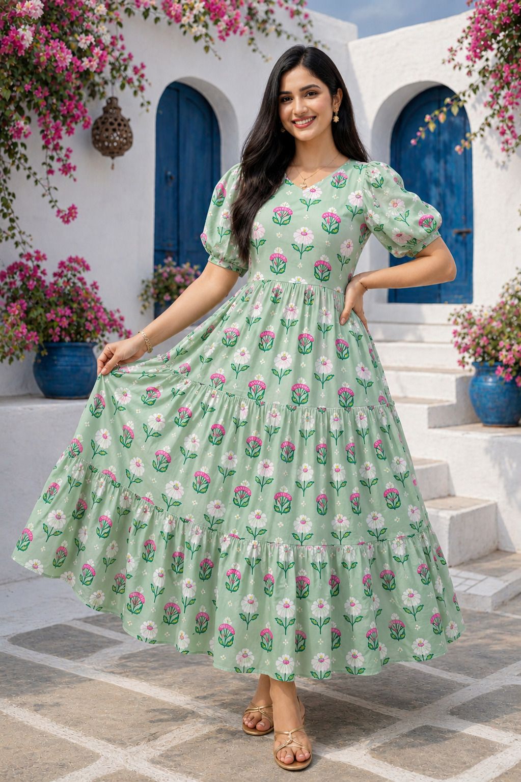 Women Tiered Green Maxi/Full Length Dress-image-48