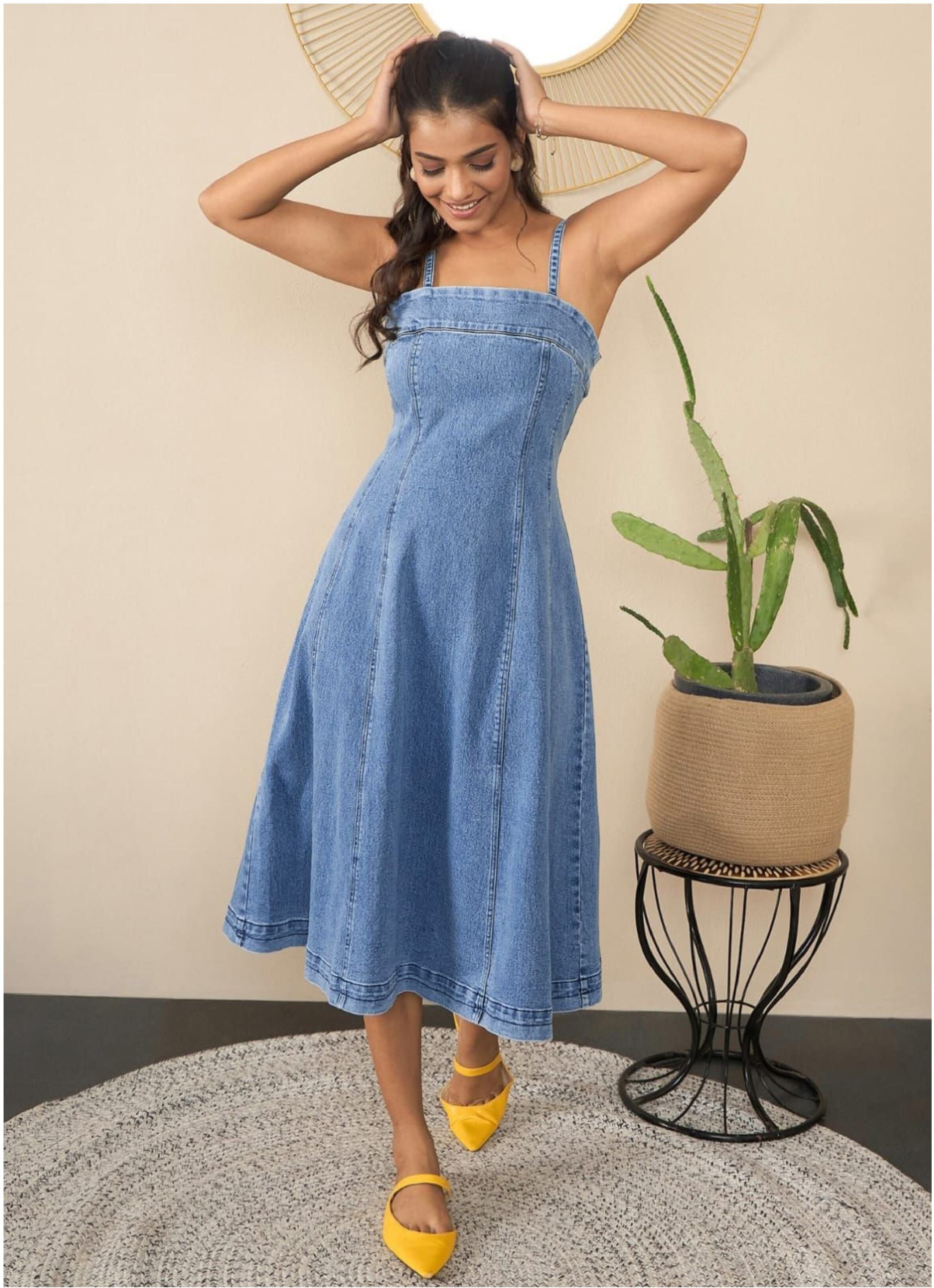 Women A-line Blue Below Knee Dress-image-38