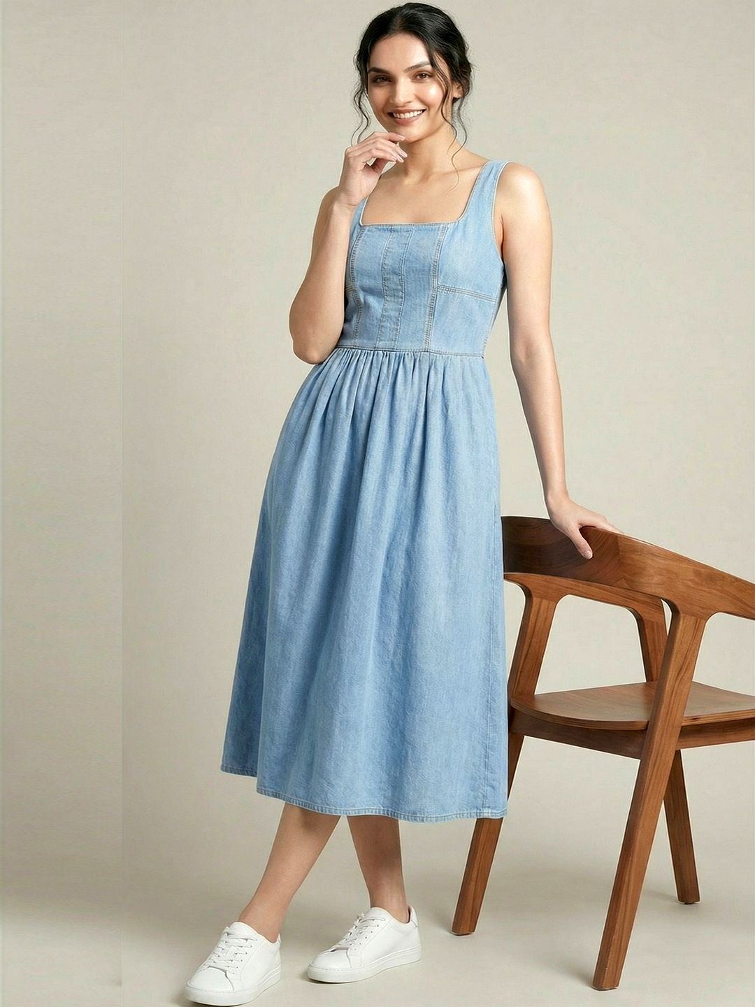 addyvero Women Fit and Flare Light Blue Below Knee Dress-picture-30