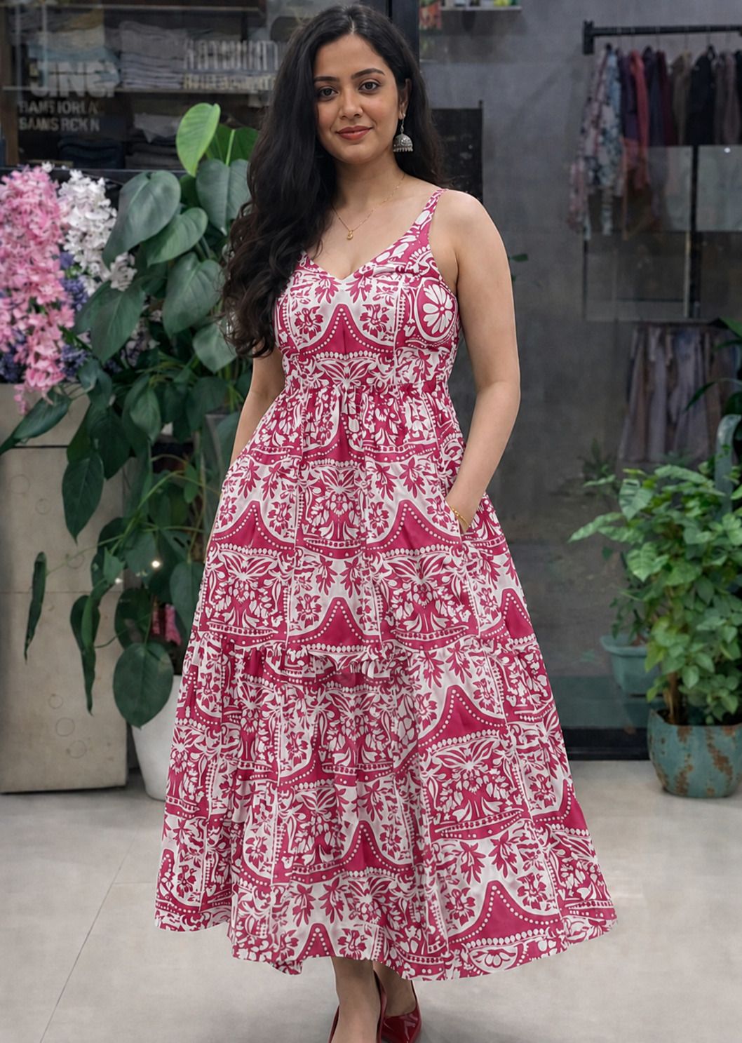 Women Fit and Flare Pink Ankle Length Dress-image-35
