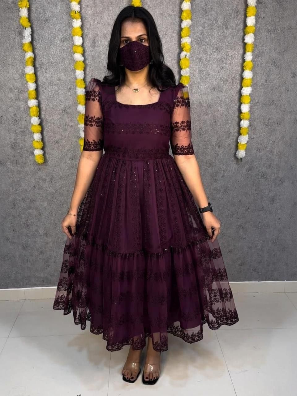 setu fashoin Embroidered, Embellished, Solid Net Stitched Straight Gown-picture-27