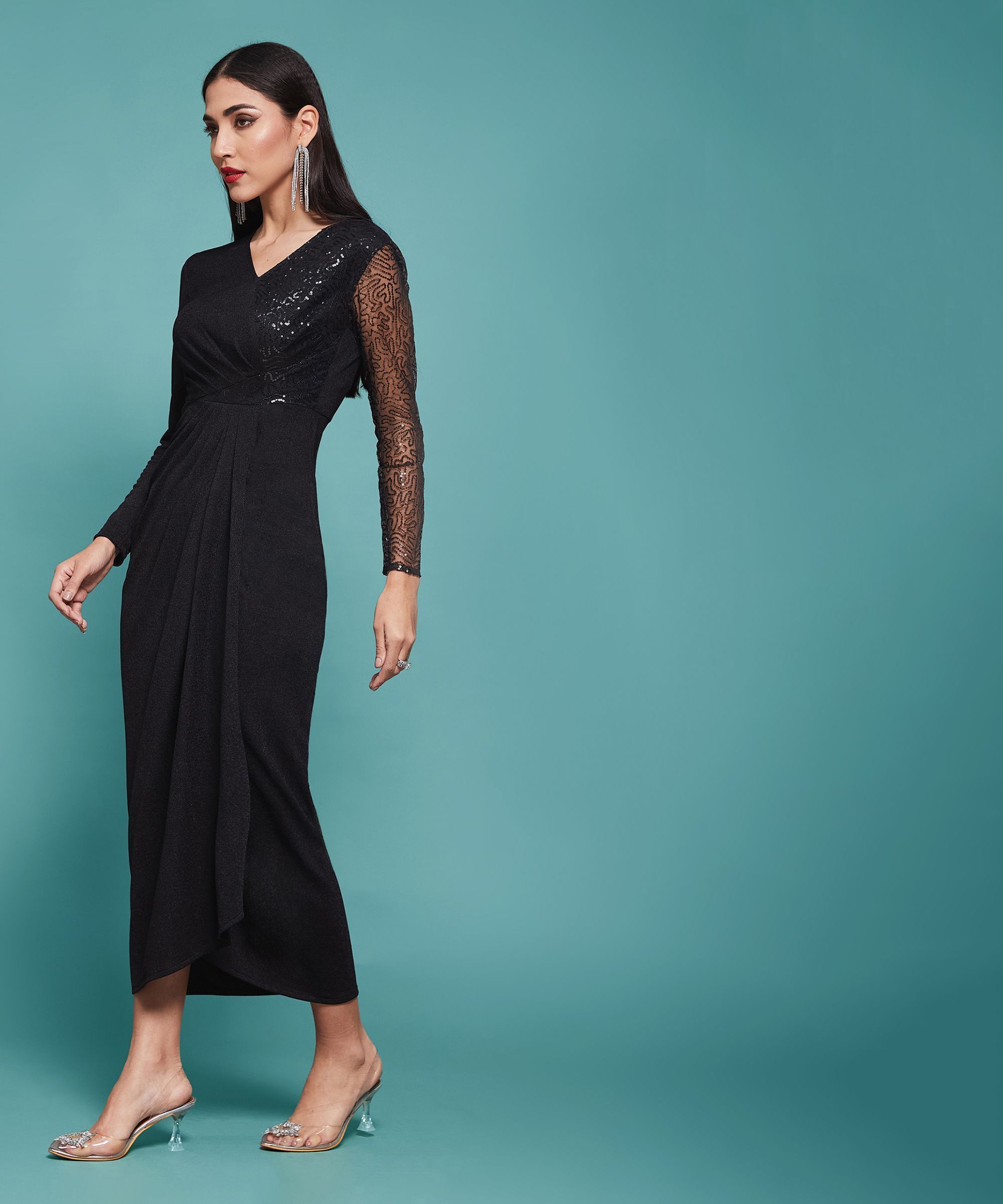 Women Bodycon Black Knee Length Dress-image-23