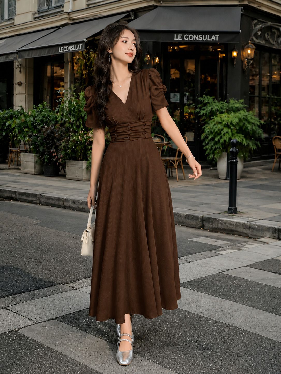fabflee Women A-line Brown Ankle Length Dress-picture-5