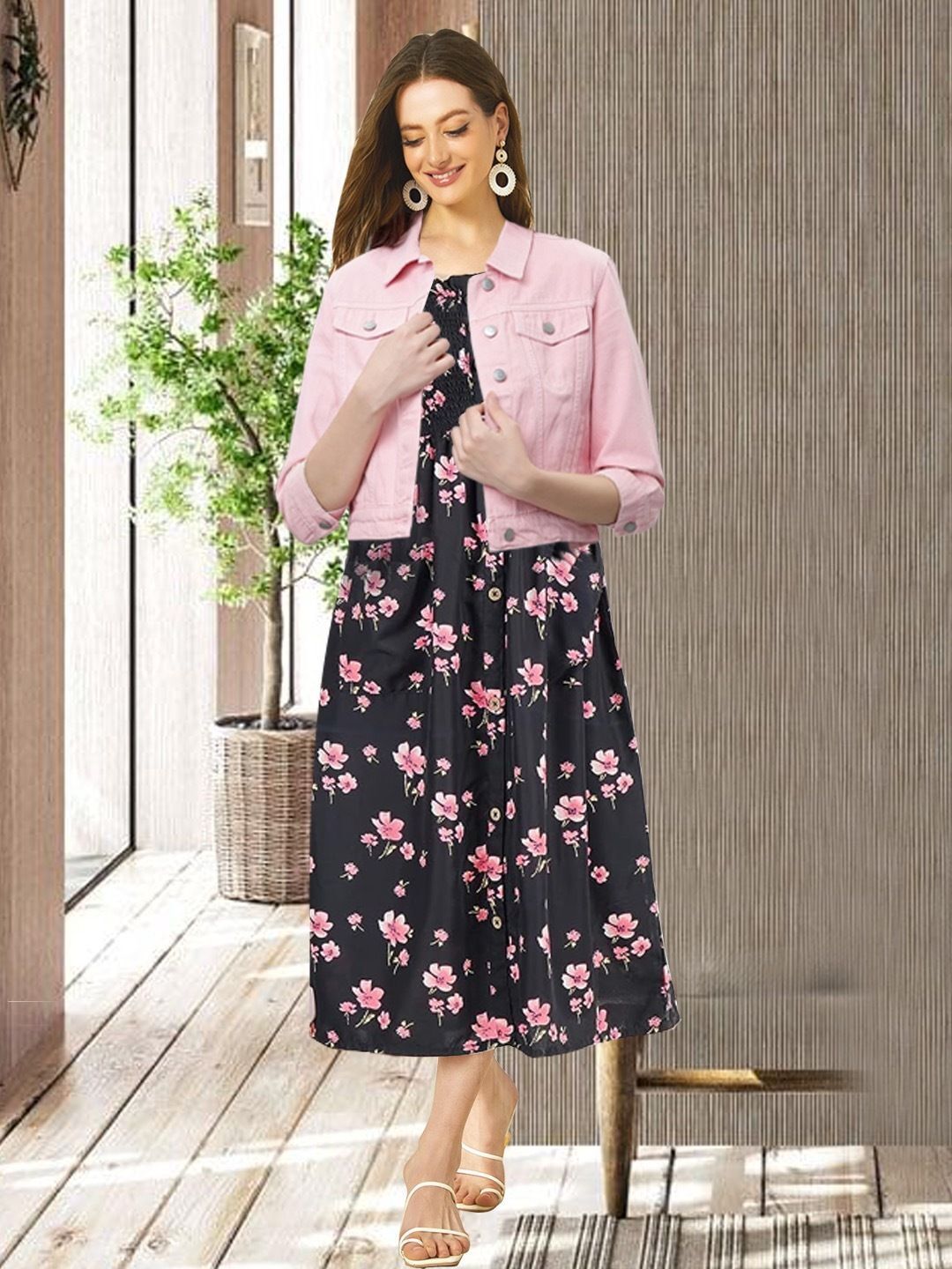 Women A-line Pink, Black, Multicolor Midi/Calf Length Dress-image-48